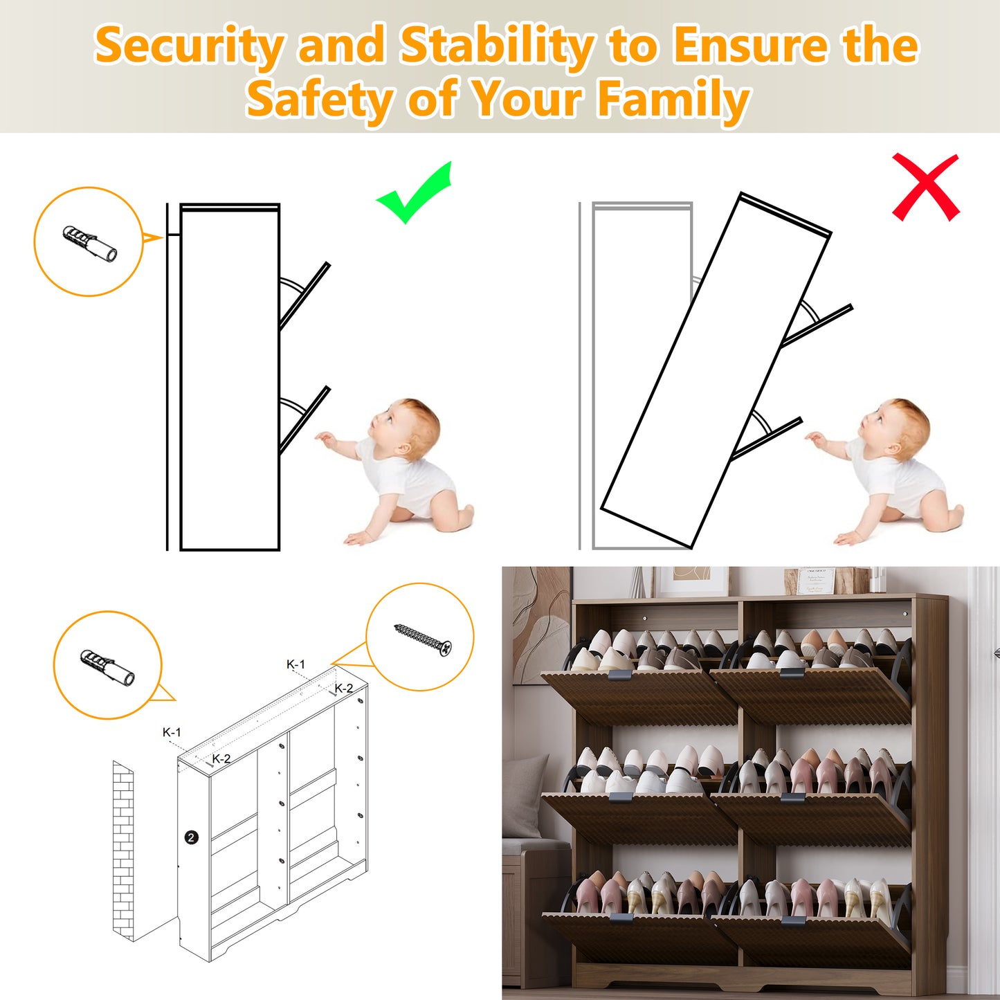 BORNOON Large Shoe Cabinet for Entryway, Tall Narrow Shoe Storage Cabinet with 6 Flip Drawers and Adjustable Shelves, Shoe Rack Cabinet Organizer for Hallway, Foyer, Small Apartment