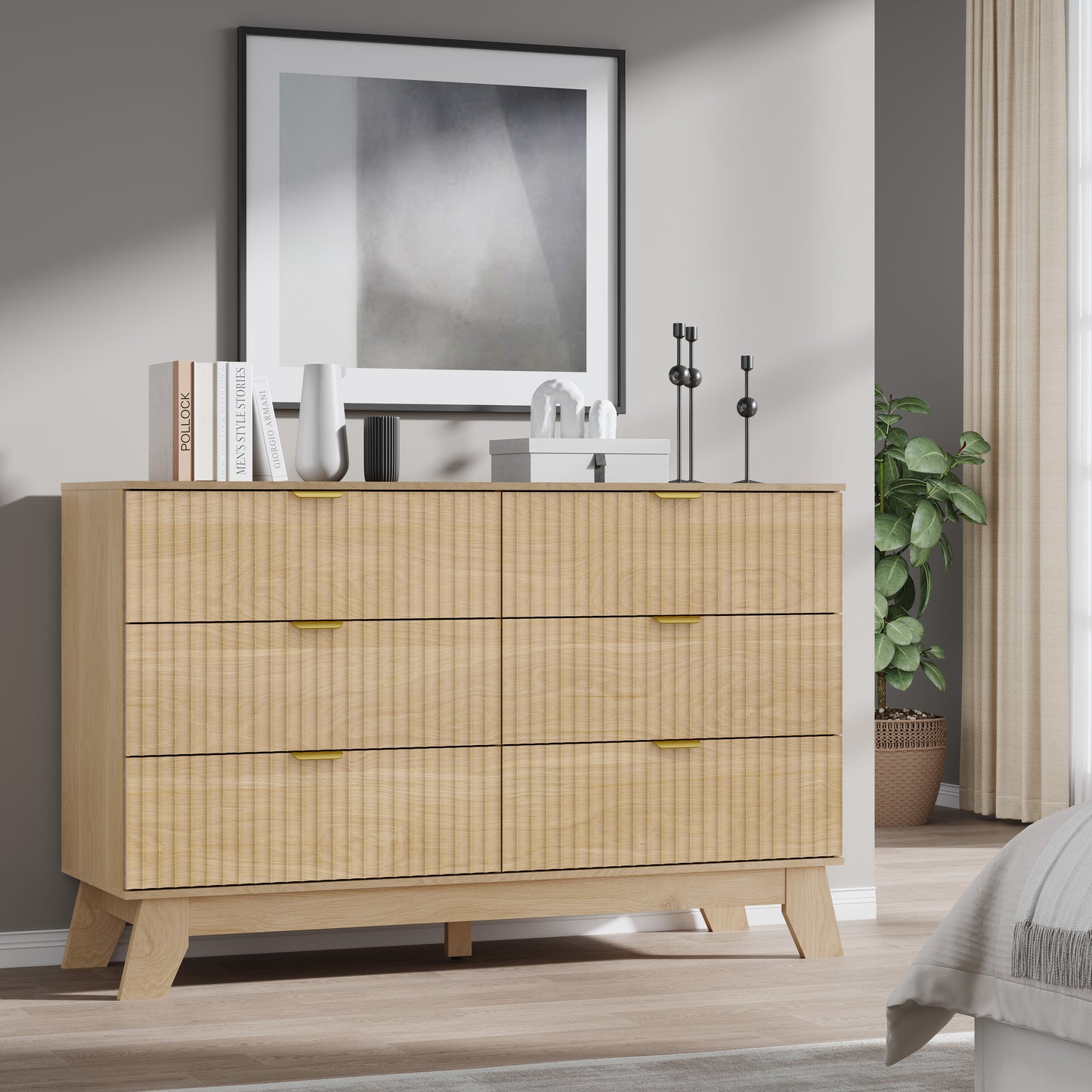BORNOON Fluted 6 Drawer Dresser, 47.2" Wide Modern Boho Chest of Drawers, Wooden Storage Dresser TV Stand for Bedroom, Living Room, Closet, Hallway, Curved Profile Design