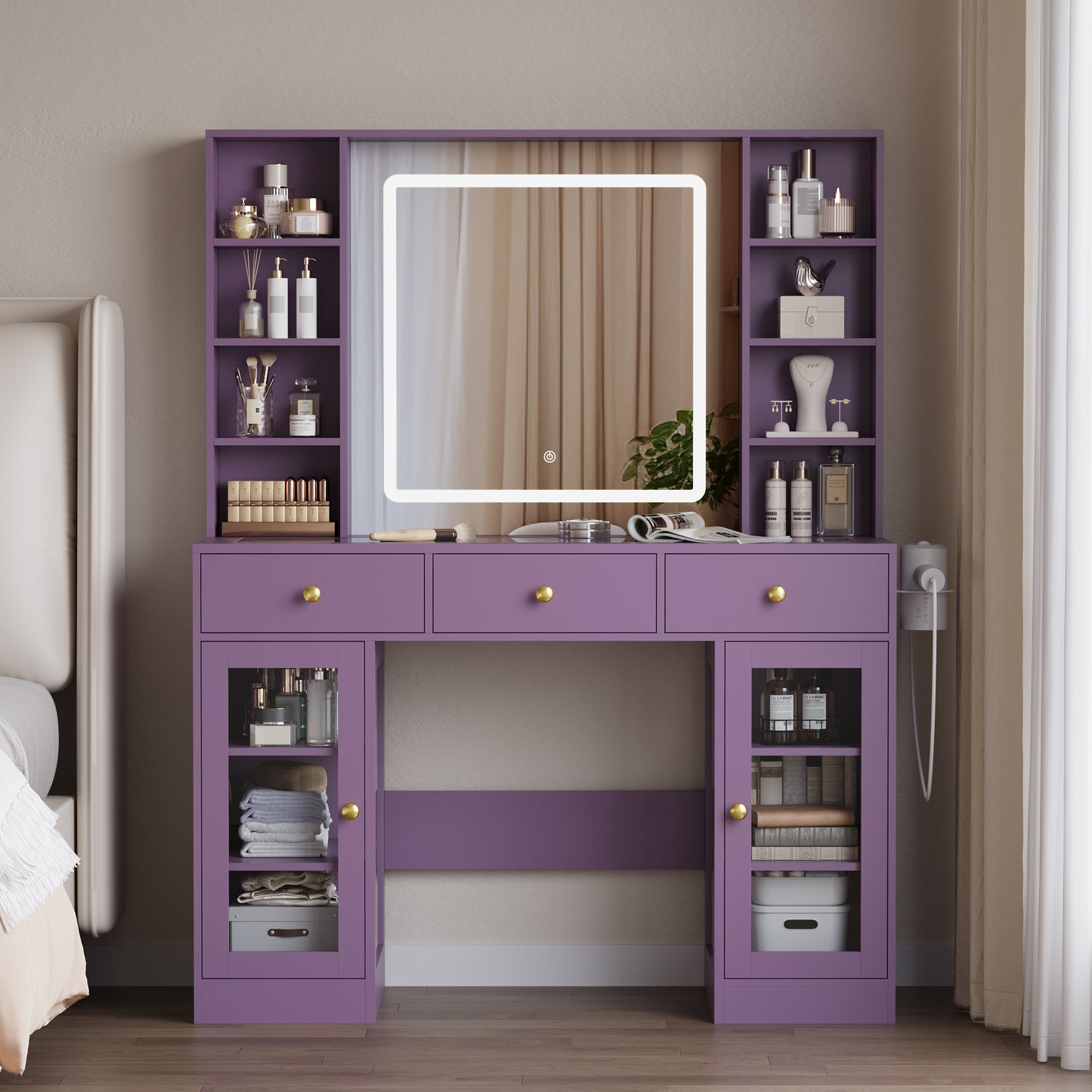 BORNOON Vanity Desk with Mirror and Lights, Purple Makeup Vanity with Glass Top & Drawers, 3 Lighting Modes, Power Outlet, RGB Glass Cabinets, Modern Dressing Table for Girls, Women, Teens