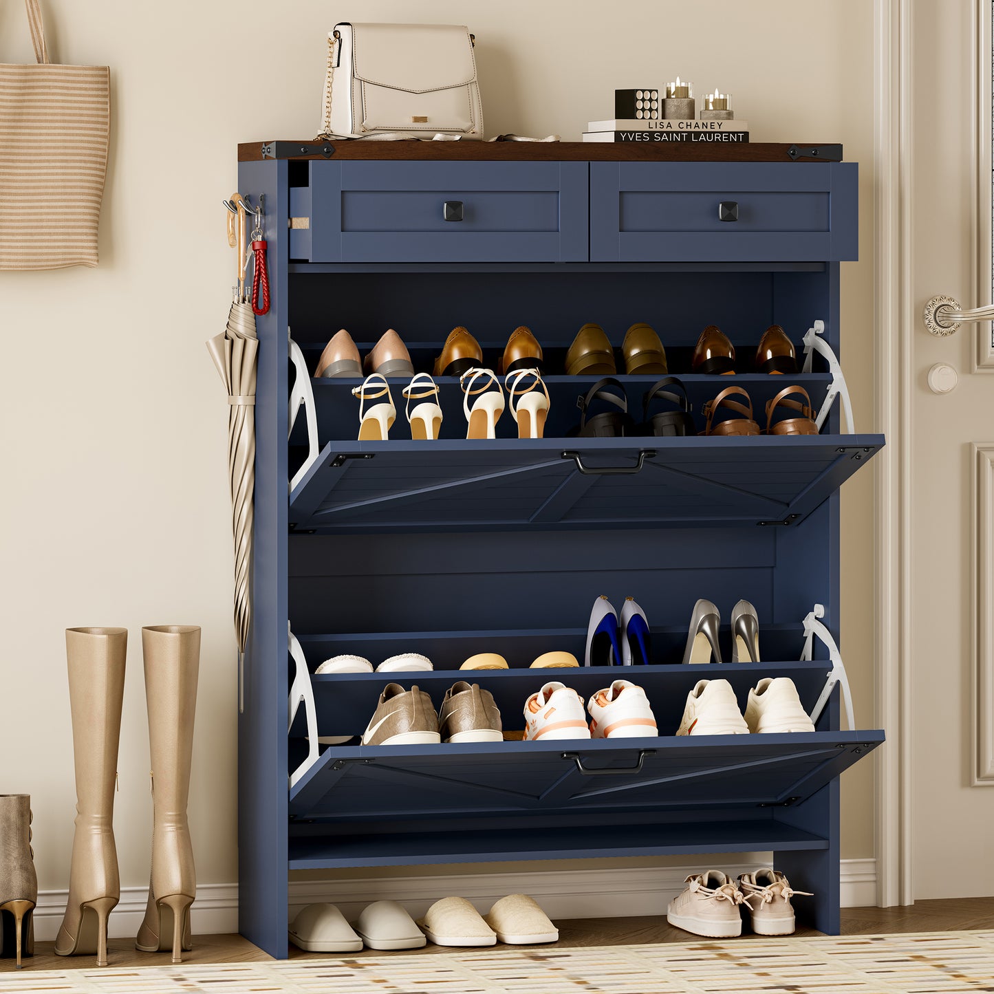 BORNOON Shoe Cabinet with Odor Control Deodorizer and Back Panel, Farmhouse Narrow Shoe Storage Cabinet Rack for Entryway with 2 Flip Drawers and 2 Top Drawers, Adjustable Shelves, Side Hooks