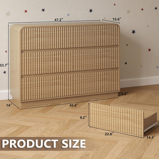 BORNOON Dresser for Bedroom with 6 Drawers, Fluted Chest of Drawers with Round Curved Corner, Hidden Handles, Modern Wood Storage Organizer for Bedroom, Nursery, Living Room
