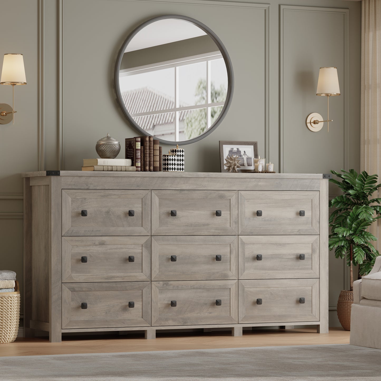 BORNOON 9-Drawer Dresser, Modern Wooden Storage Chest of Drawers, Dresser TV Stand, Wood Drawer Organizer with Metal Handles for Bedroom, Living Room, Hallway