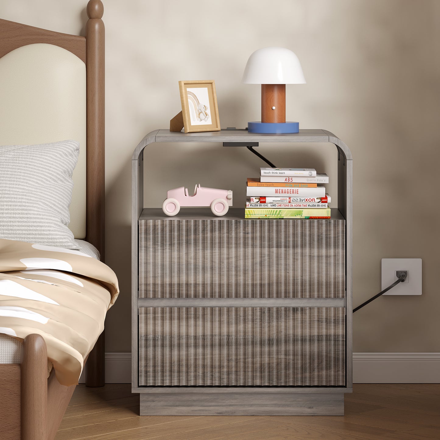 BORNOON Dresser with 2 Drawers and Charging Station, Fluted Bedside Table with Round Curved Corner, Hidden Handles, 2 AC Outlets and 2 USB Ports, Modern Wood End Table with Open Shelf for Bedroom