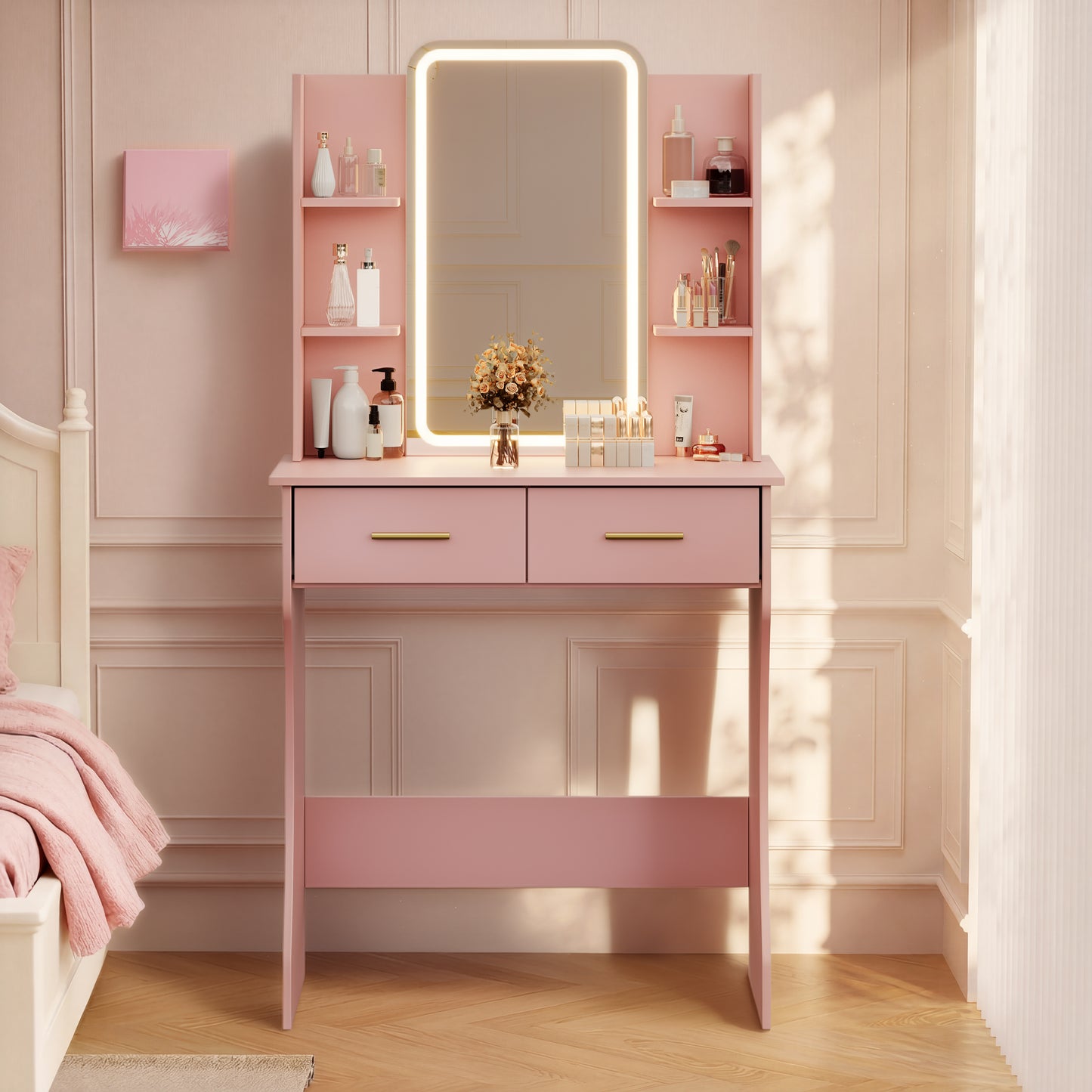 BORNOON Vanity Desk with Mirror and Lights, Small Makeup Vanity Desk with Charging Station, Bedroom Vanity Table with Drawers, Storage Shelves, RGB Ambient Light and Hair Dryer Holder