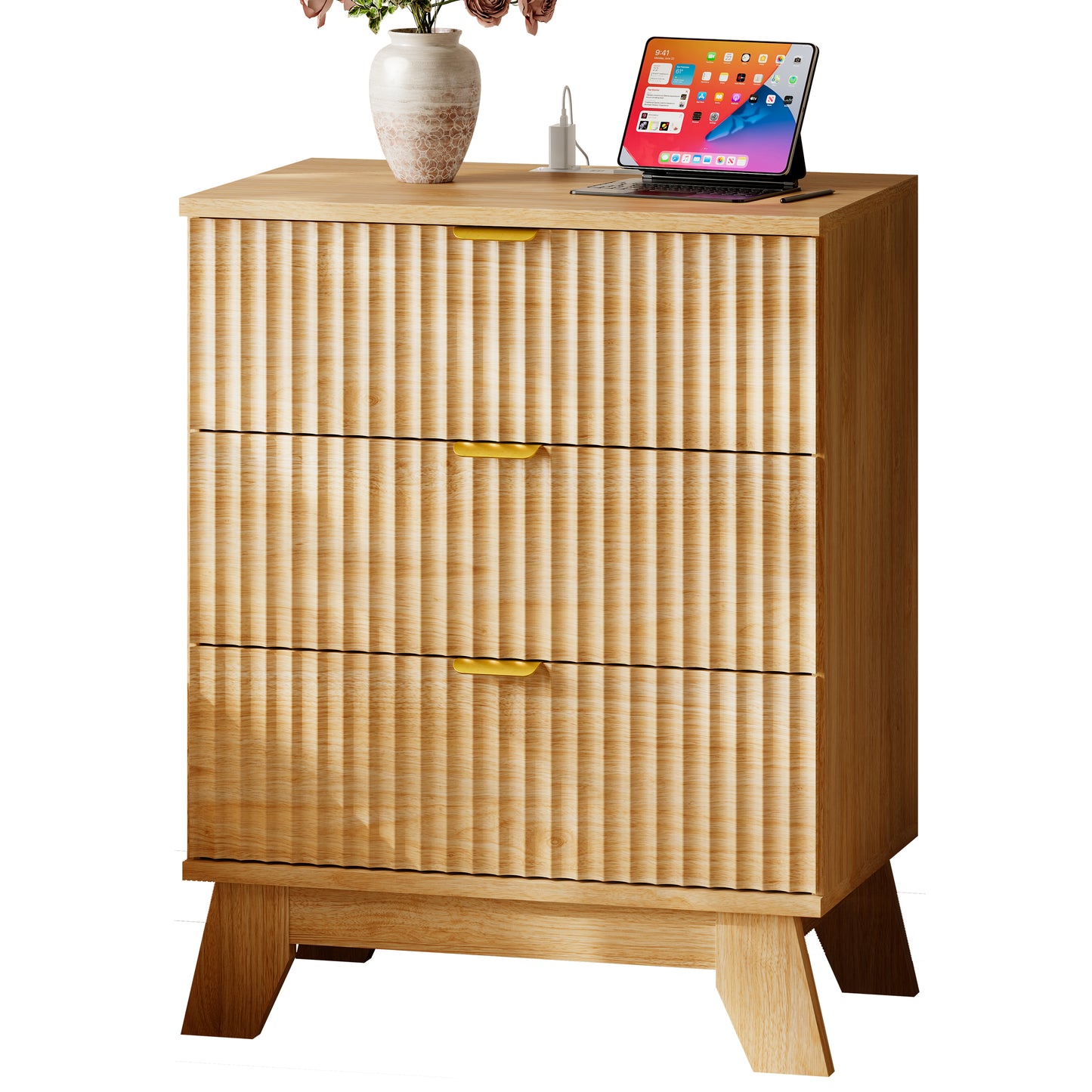 BORNOON Fluted Night Stand with 3 Drawers, Rounded Edge Bedside Table Dresser with Gold Handles, End Side Table Storage Cabinet for Bedroom