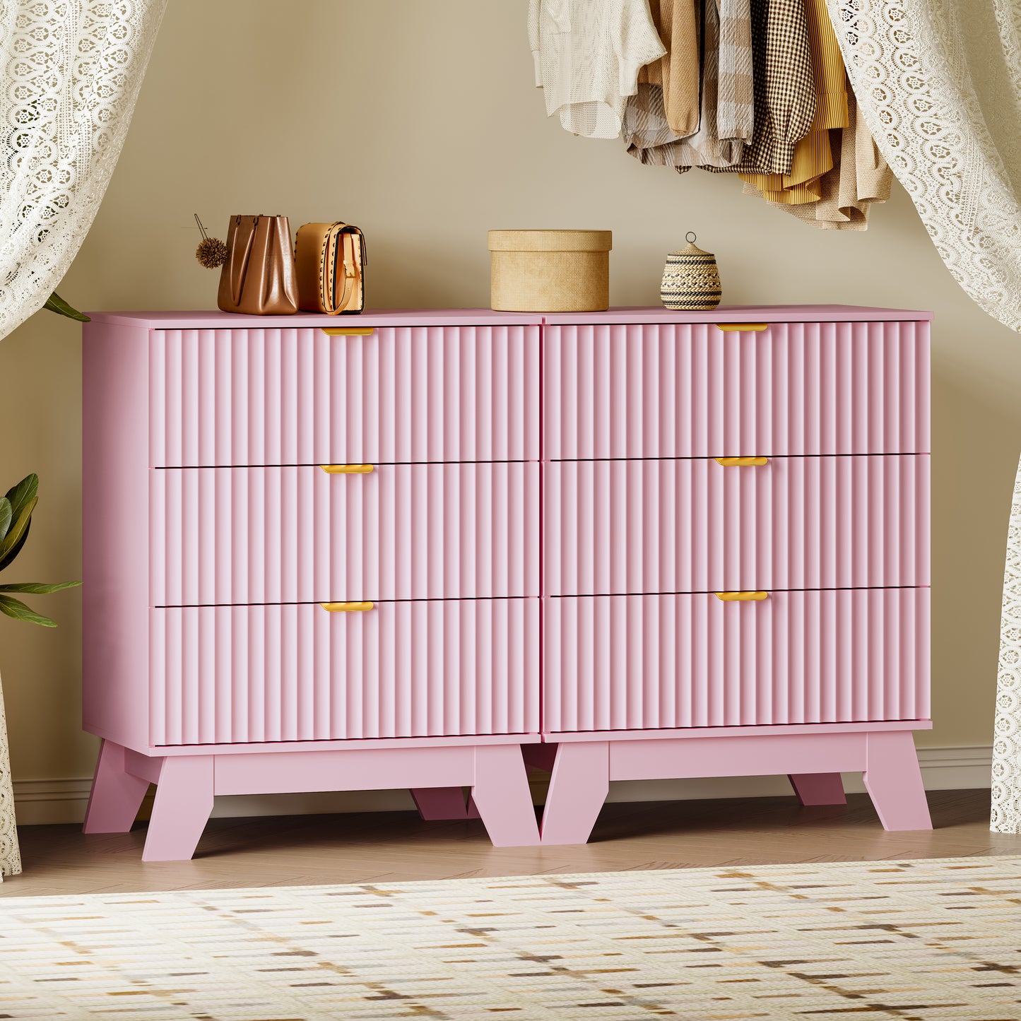 BORNOON Fluted 3 Drawer Dresser, 30.3" Tall Compact Modern Boho Chest of Drawers, Wooden Storage Cabinet for Bedroom, Living Room, Entryway, Curved Profile Design
