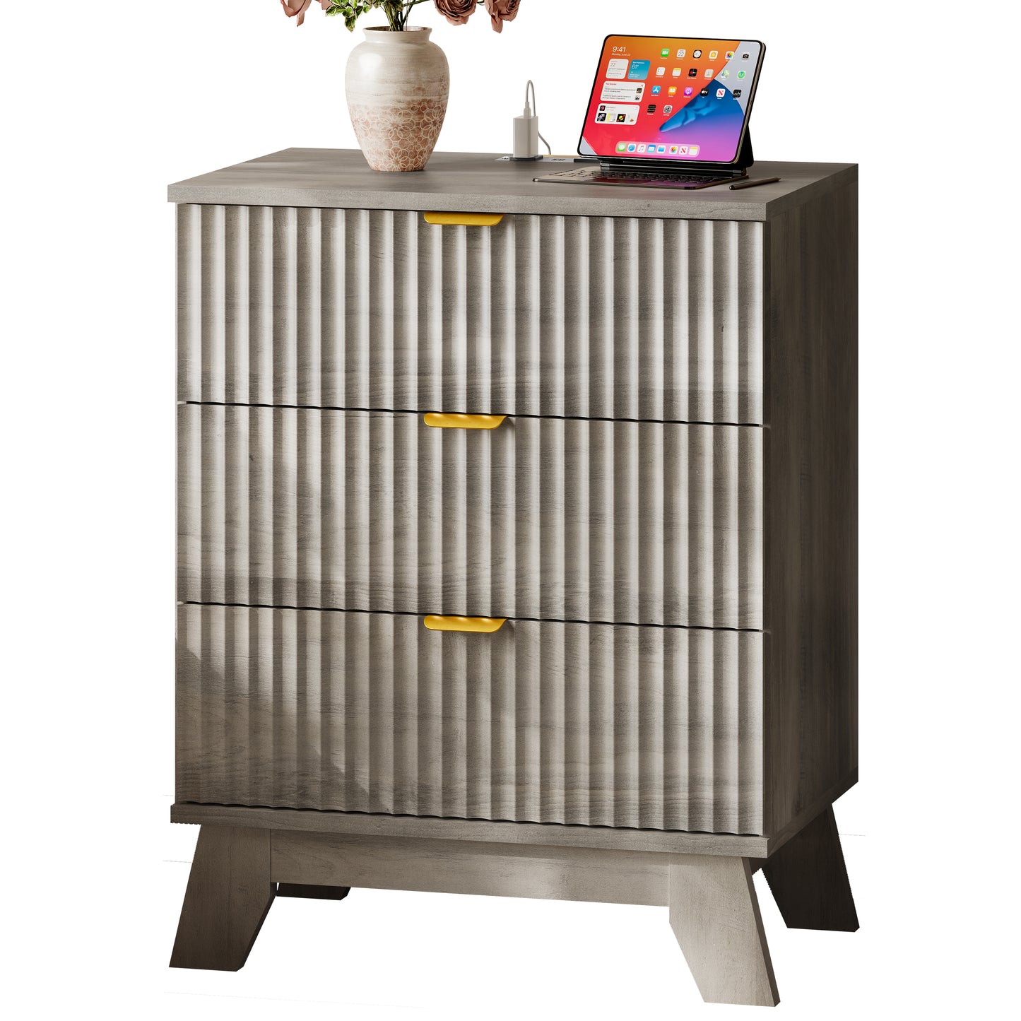 BORNOON Fluted Night Stand with 3 Drawers, Rounded Edge Bedside Table Dresser with Gold Handles, End Side Table Storage Cabinet for Bedroom