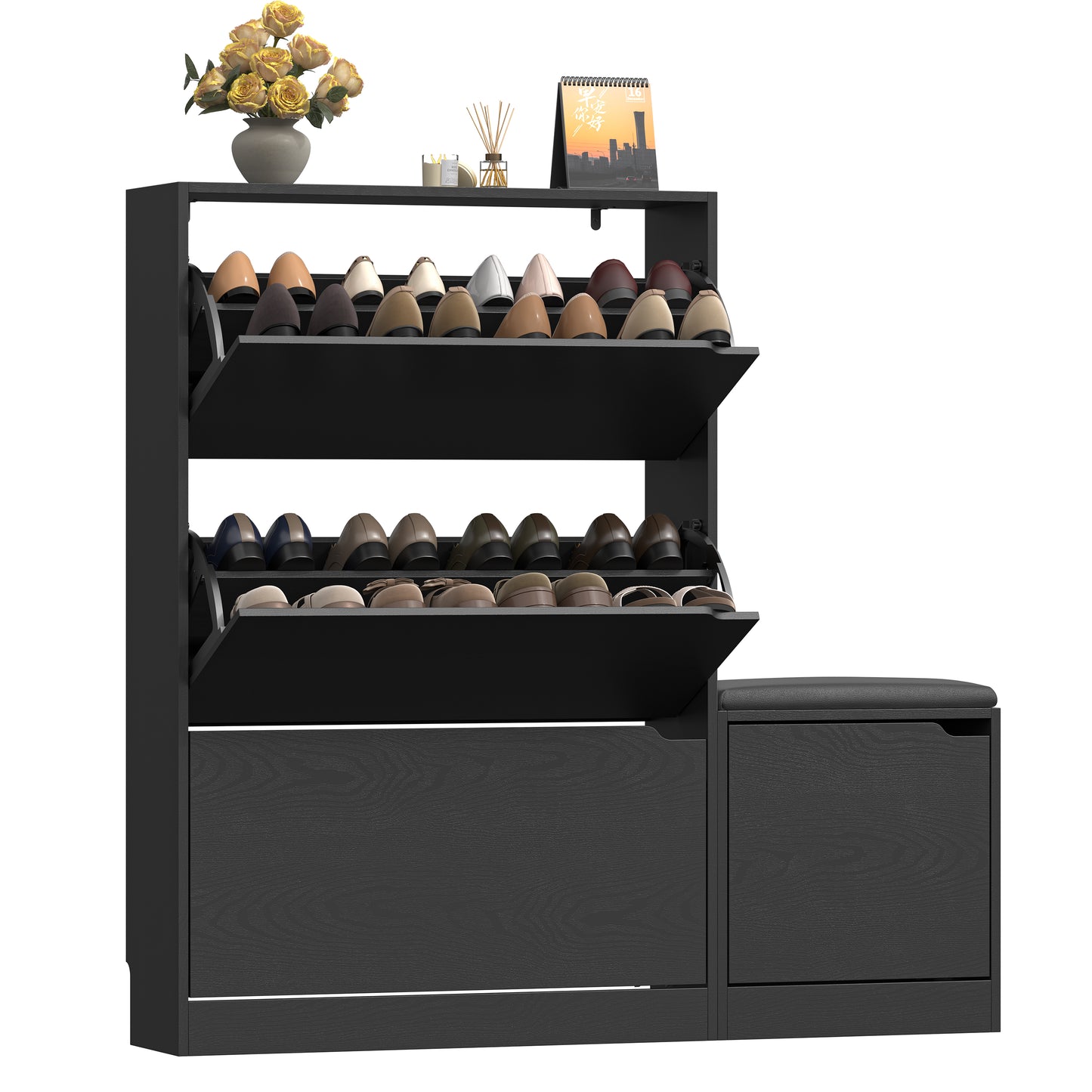 BORNOON Shoe Cabinet with Bench and 3 Flip Drawers, Slim Narrow Shoe Storage Cabinet, Freestanding Shoe Rack Organizer with Adjustable & Removable Shelves, Anti-Tip for Entryway, Hallway, Foyer