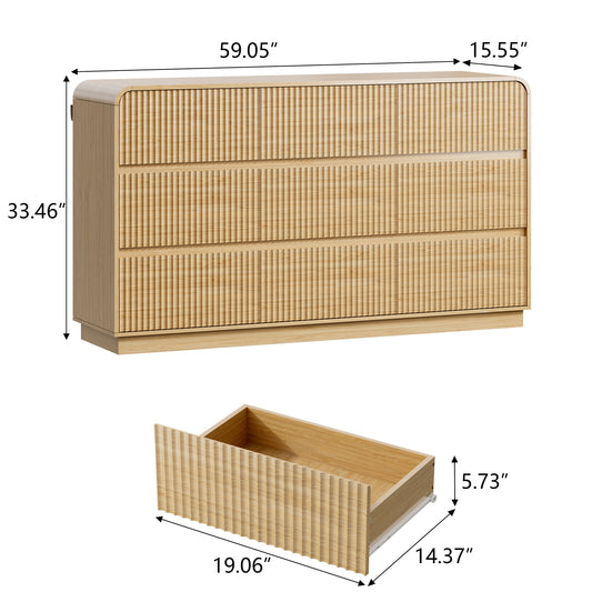 BORNOON Dresser for Bedroom with 9 Drawers, Fluted Chest of Drawers with Round Curved Corner, Hidden Handles, Modern Wood Storage Organizer for Bedroom, Nursery, Living Room