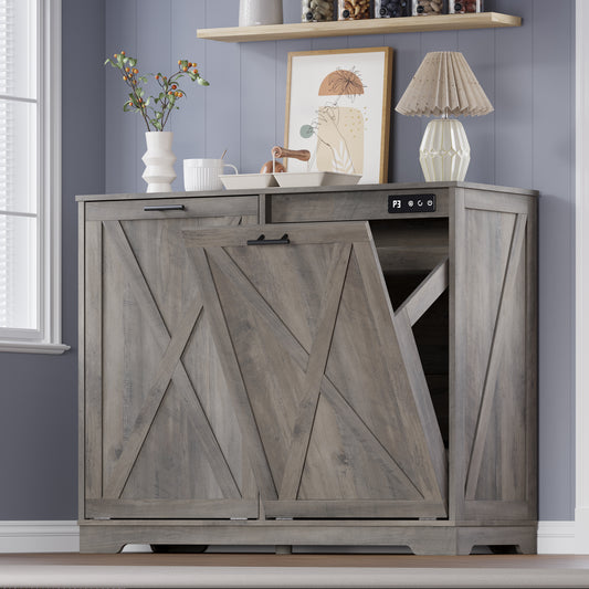 BORNOON Tilt Out Trash Can Cabinet for 2 Bins, Hidden Recycle Garbage Bin Enclosure, Wooden Double Laundry Cabinet with Odor Control, Negative Ion & Ozone, for Kitchen, Bathroom, Laundry Room