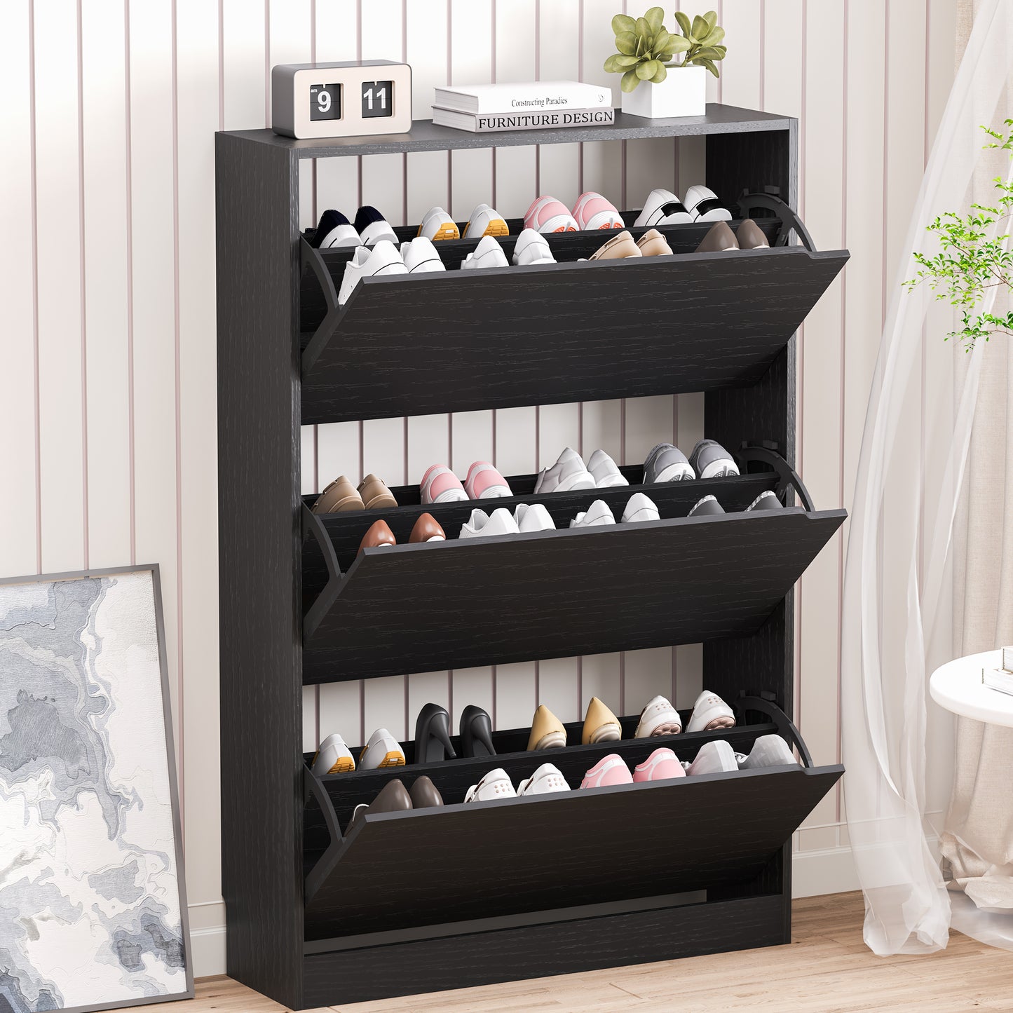BORNOON Shoe Cabinet with 3 Flip Drawers, Slim Narrow Shoe Storage Cabinet, Freestanding Shoe Organizer with Adjustable & Removable Shelves, Top Display Shelf for Entryway, Hallway, Foyer, Closet