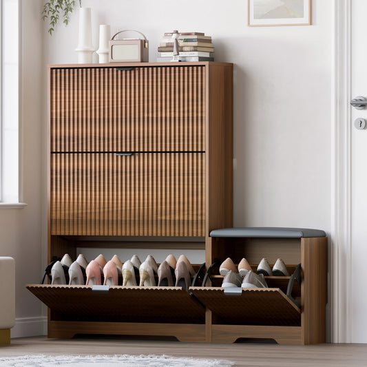 BORNOON Slim Shoe Cabinet with Bench for Entryway, Hidden Storage and Adjustable Shelves, Free Standing Wooden Shoes Organizer for Hallway, Foyer