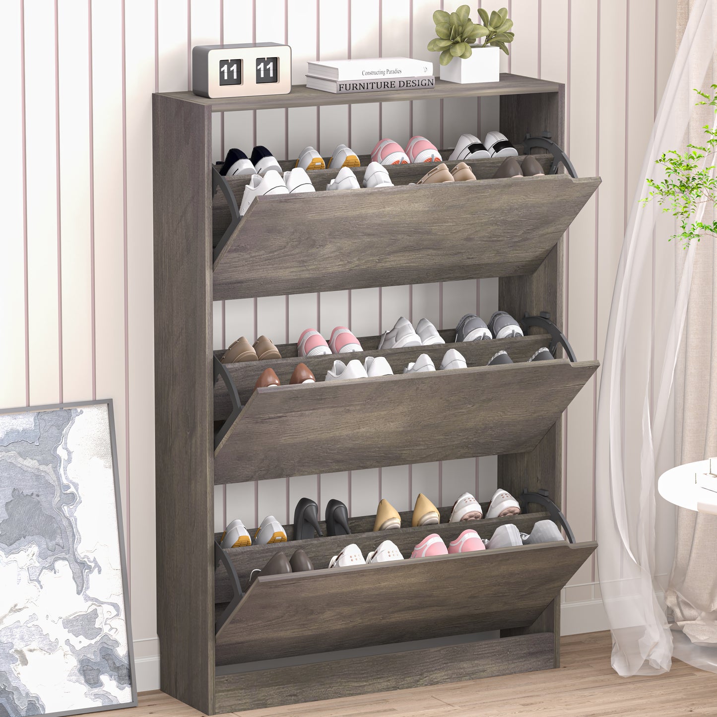 BORNOON Shoe Cabinet with 3 Flip Drawers, Slim Narrow Shoe Storage Cabinet, Freestanding Shoe Organizer with Adjustable & Removable Shelves, Top Display Shelf for Entryway, Hallway, Foyer, Closet