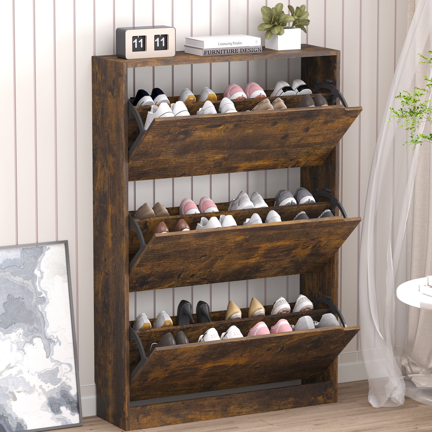 BORNOON Shoe Cabinet with 3 Flip Drawers, Slim Narrow Shoe Storage Cabinet, Freestanding Shoe Organizer with Adjustable & Removable Shelves, Top Display Shelf for Entryway, Hallway, Foyer, Closet