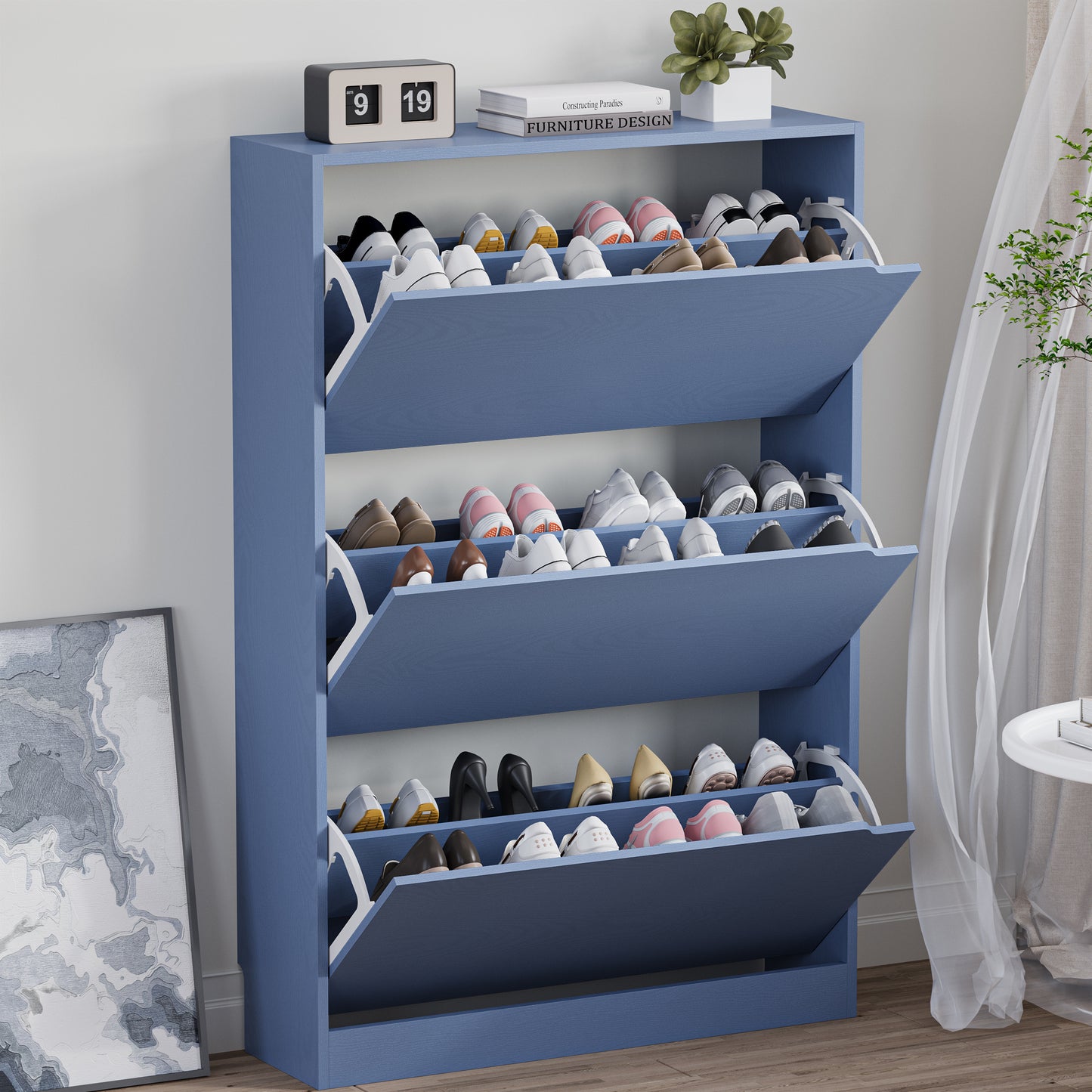 BORNOON Shoe Cabinet with 3 Flip Drawers, Slim Narrow Shoe Storage Cabinet, Freestanding Shoe Organizer with Adjustable & Removable Shelves, Top Display Shelf for Entryway, Hallway, Foyer, Closet