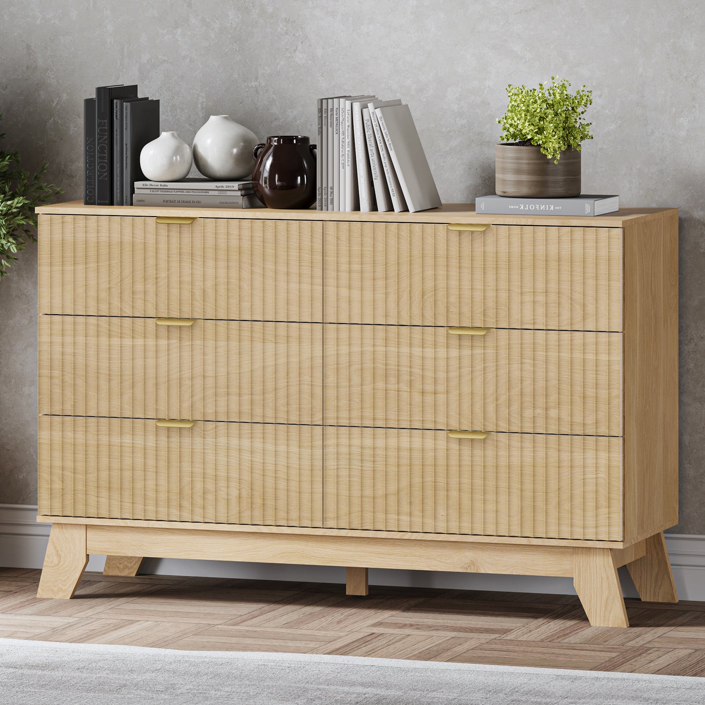 BORNOON 46" Tall Dresser for Bedroom, 6-Drawer Fluted Chest of Drawers, Modern Wood Highboy with Deep Storage, Metal Slides and Handles, Vertical Clothes Organizer for Apartment, Nursery