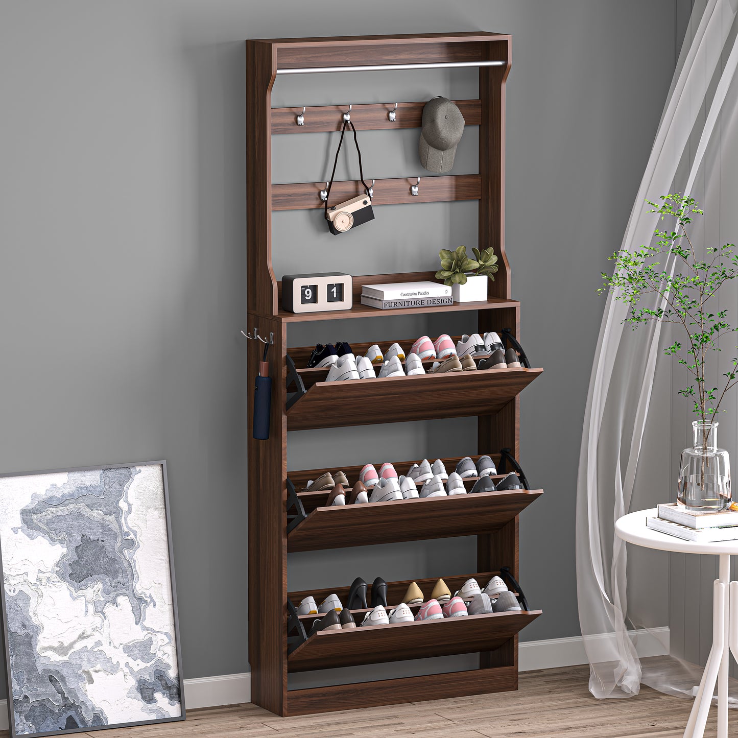 BORNOON Shoe Cabinet with 3 Flip Drawers & Coat Rack, Narrow Hidden Shoe Storage Cabinet, 2-in-1 Hall Tree Slim Freestanding Shoe Rack Organizer for Entryway, Hallway, and Living Room