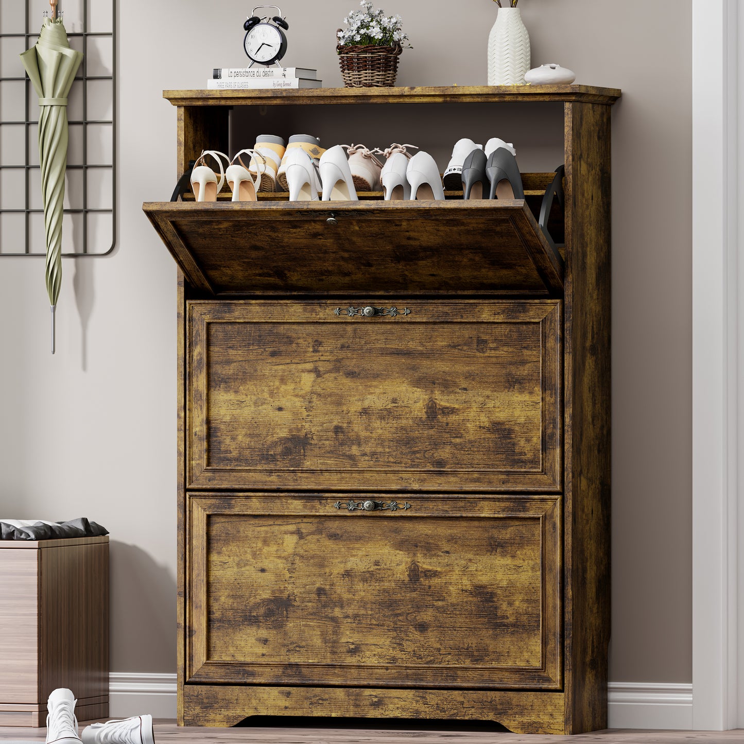 BORNOON Shoe Cabinet for Entryway, Slim Shoe Storage Cabinet with Adjustable Shelves, Wooden Rack and Organizer for Small Spaces, Closet, Foyer, Hallway