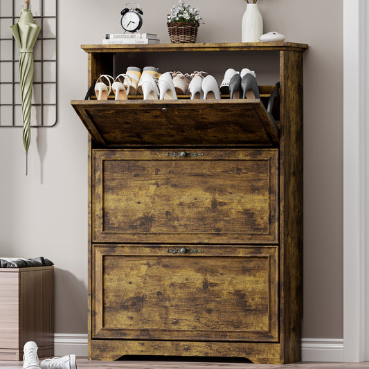 BORNOON Shoe Cabinet for Entryway, Slim Shoe Storage Cabinet with Adjustable Shelves, Wooden Rack and Organizer for Small Spaces, Closet, Foyer, Hallway