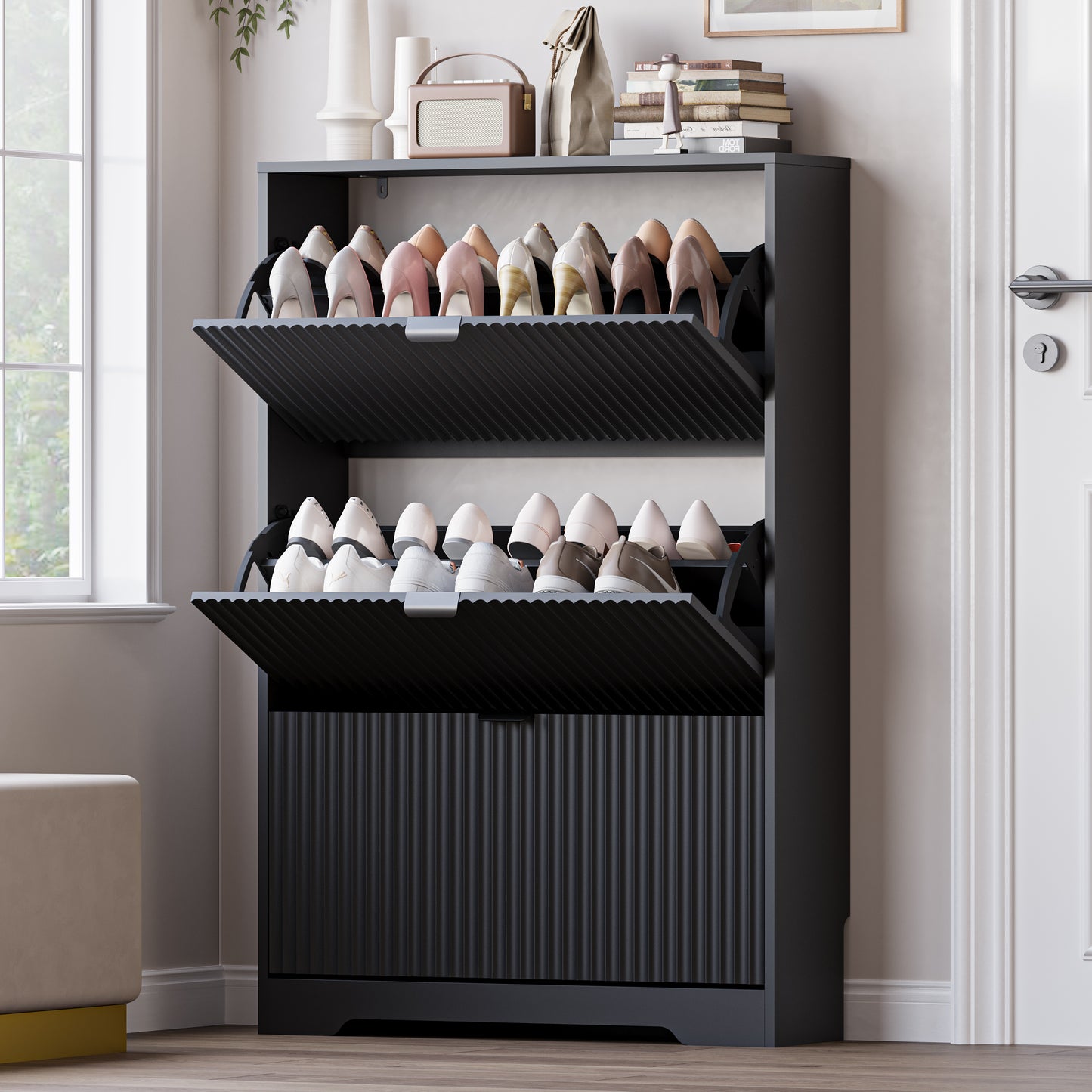 BORNOON Entryway Shoe Cabinet with 3 Flip Drawers, Narrow Shoe Organizer Cabinet with Fluted Panel and Adjustable Shelves for Foyer, Hallway
