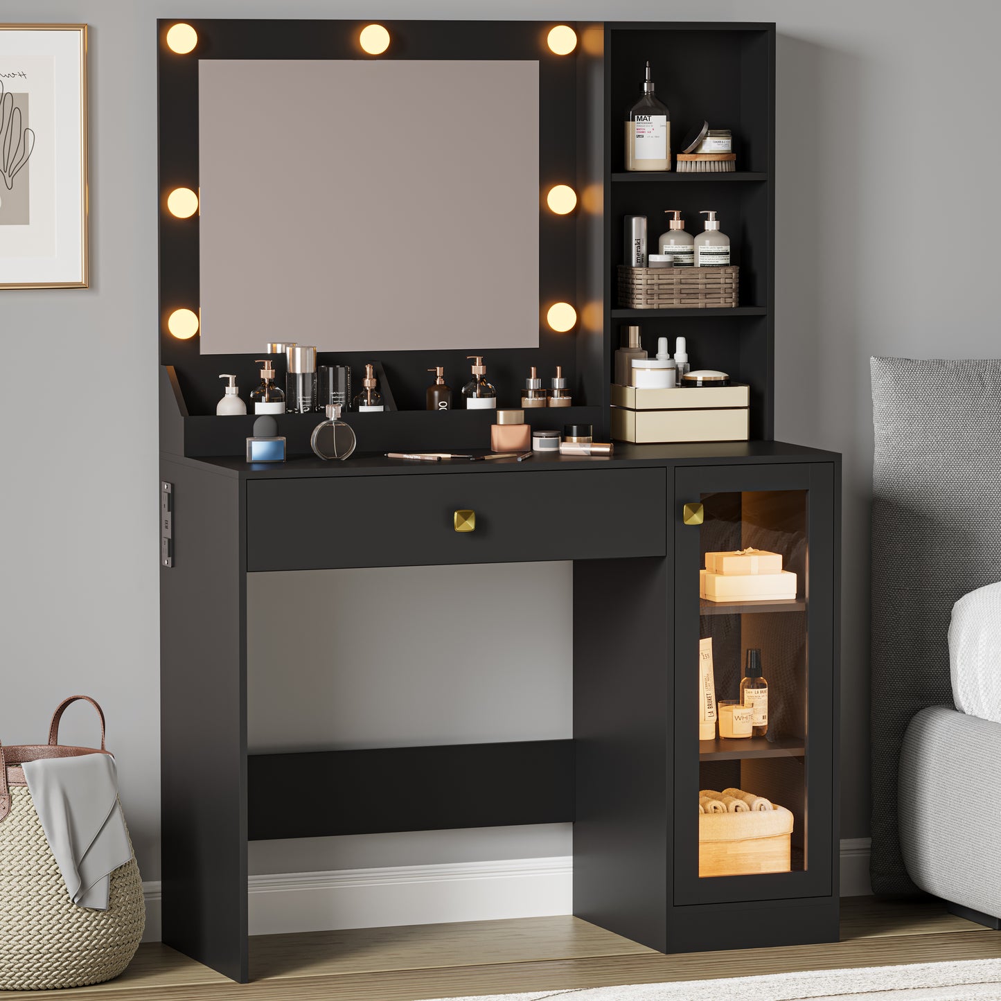 BORNOON Small Vanity Desk with Mirror and Lights, Makeup Vanity Desk with Adjustable Brightness 3 Light Modes, RGB Storage Cabinet, Power Outlet, Drawer, Shelves, Vanity Table for Women Girls Bedroom