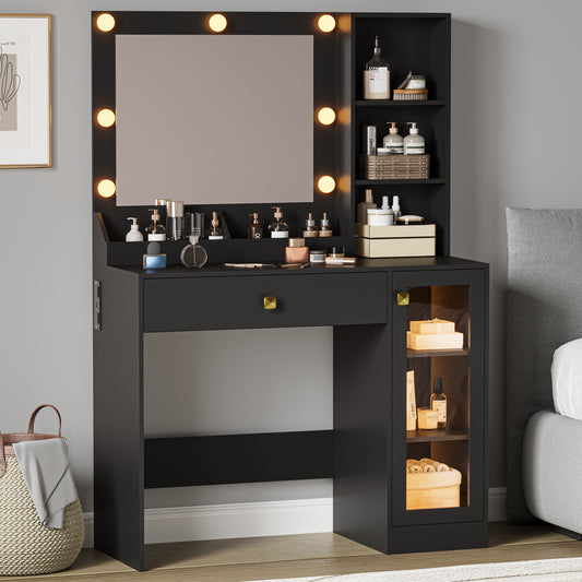 BORNOON Small Vanity Desk with Mirror and Lights, Makeup Vanity Desk with Adjustable Brightness 3 Light Modes, RGB Storage Cabinet, Power Outlet, Drawer, Shelves, Vanity Table for Women Girls Bedroom