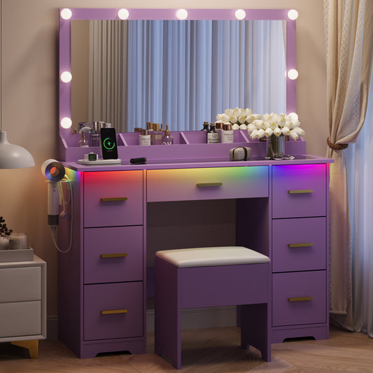 BORNOON Makeup Vanity with Large Lighted Mirror and Chair, 7 Drawers Vanity Makeup Desk Table with Power Strip, Adjustable Lighting, and Cushioned Storage Stool for Women, Girls