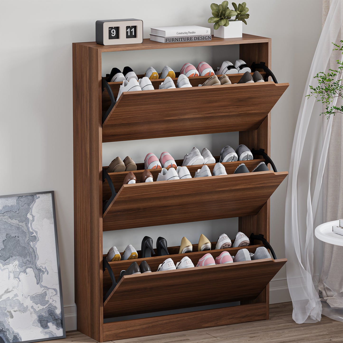 BORNOON Shoe Cabinet with 3 Flip Drawers, Slim Narrow Shoe Storage Cabinet, Freestanding Shoe Organizer with Adjustable & Removable Shelves, Top Display Shelf for Entryway, Hallway, Foyer, Closet