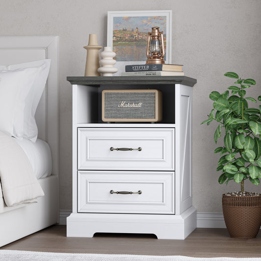 BORNOON 2-Drawer Nightstand with Charging Station, Rustic Wooden Top Bedside Table with Natural Wood Texture, Vintage Storage Organizer Dresser for Bedroom, Hallway