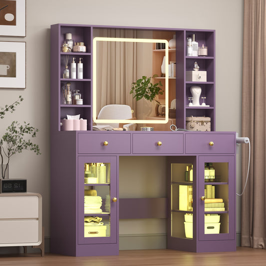 BORNOON Vanity Desk with Mirror and Lights, Purple Makeup Vanity with Glass Top & Drawers, 3 Lighting Modes, Power Outlet, RGB Glass Cabinets, Modern Dressing Table for Girls, Women, Teens