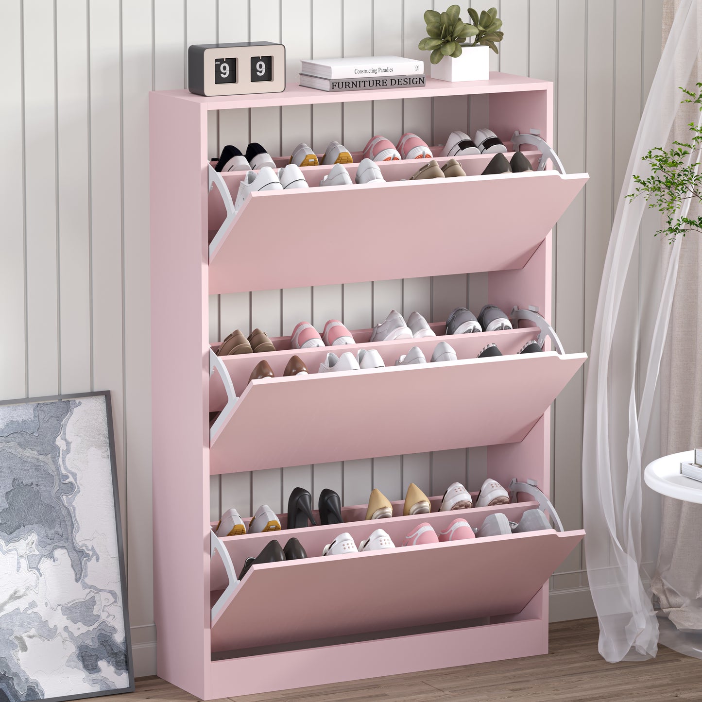 BORNOON Shoe Cabinet with 3 Flip Drawers, Slim Narrow Shoe Storage Cabinet, Freestanding Shoe Organizer with Adjustable & Removable Shelves, Top Display Shelf for Entryway, Hallway, Foyer, Closet
