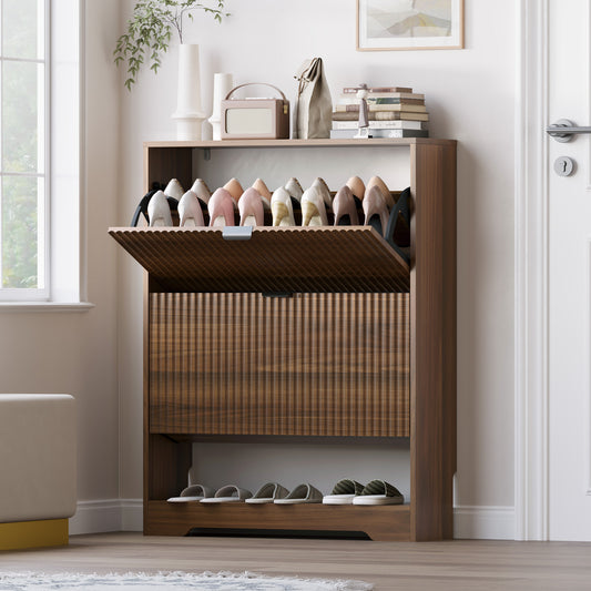 BORNOON Shoe Cabinet with 2 Flip Drawers, Fluted Shoe Storage Cabinet with Adjustable Shelves, Freestanding Rack and Organizer for Entryway, Hallway