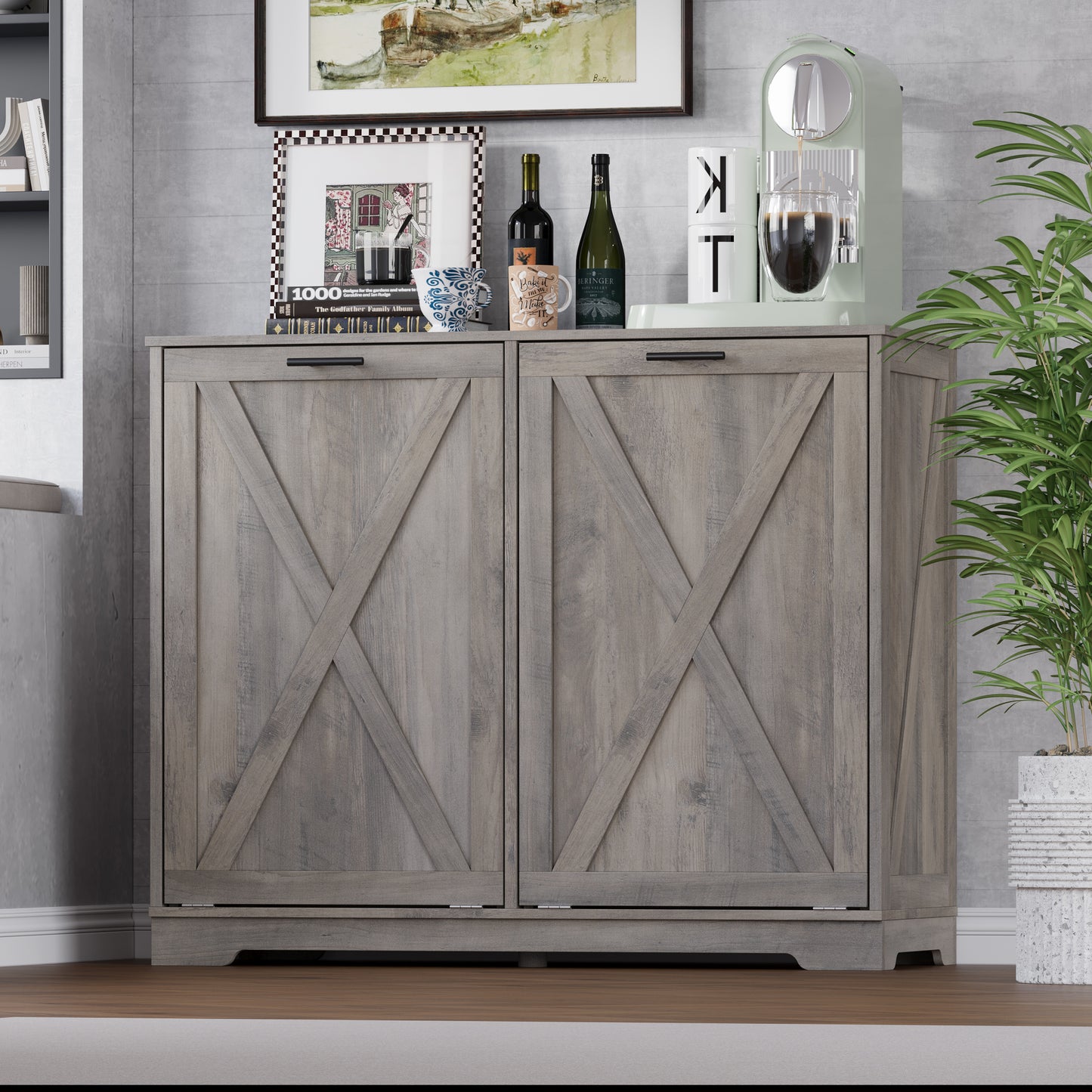 BORNOON Tilt Out Trash Can Cabinet for 2 Bins, Hidden Recycle Garbage Bin Enclosure, Wooden Double Laundry Cabinet with Odor Control, Negative Ion & Ozone, for Kitchen, Bathroom, Laundry Room
