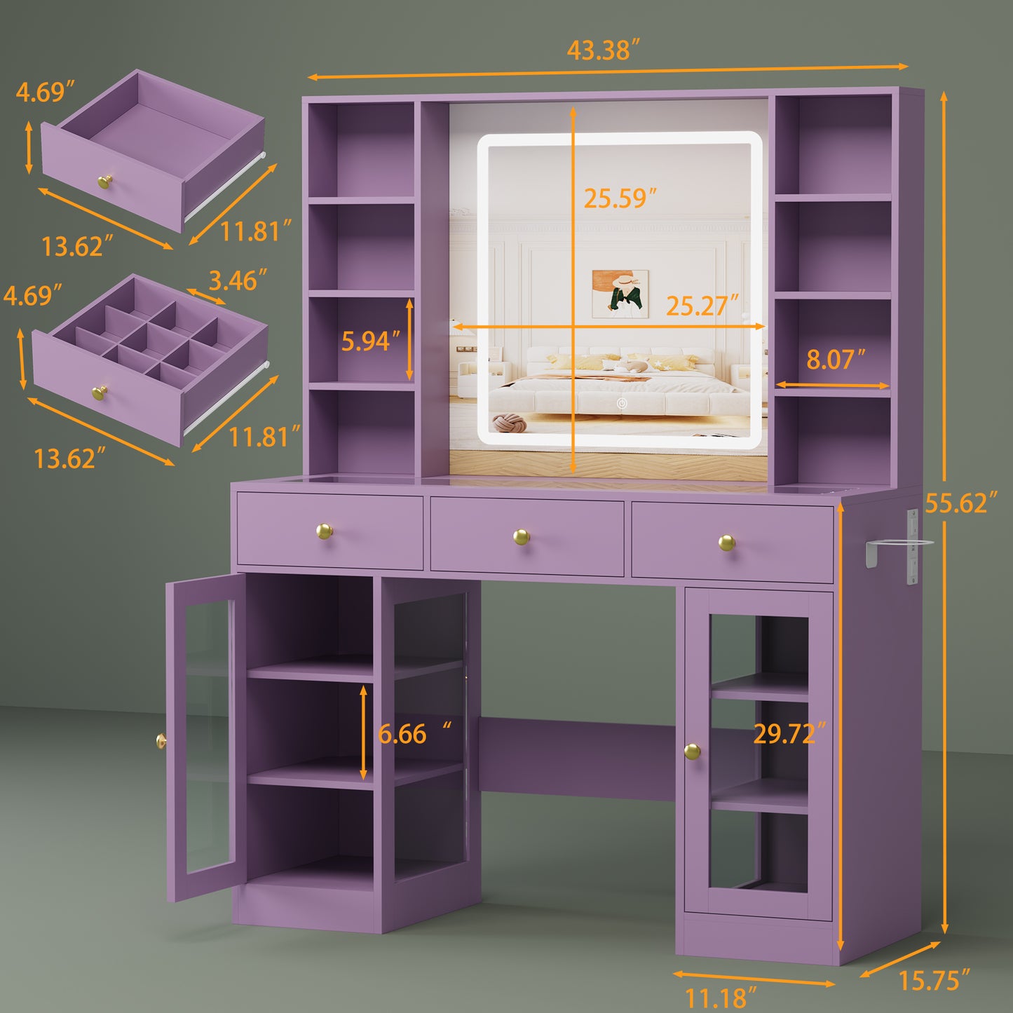 BORNOON Vanity Desk with Mirror and Lights, Purple Makeup Vanity with Glass Top & Drawers, 3 Lighting Modes, Power Outlet, RGB Glass Cabinets, Modern Dressing Table for Girls, Women, Teens