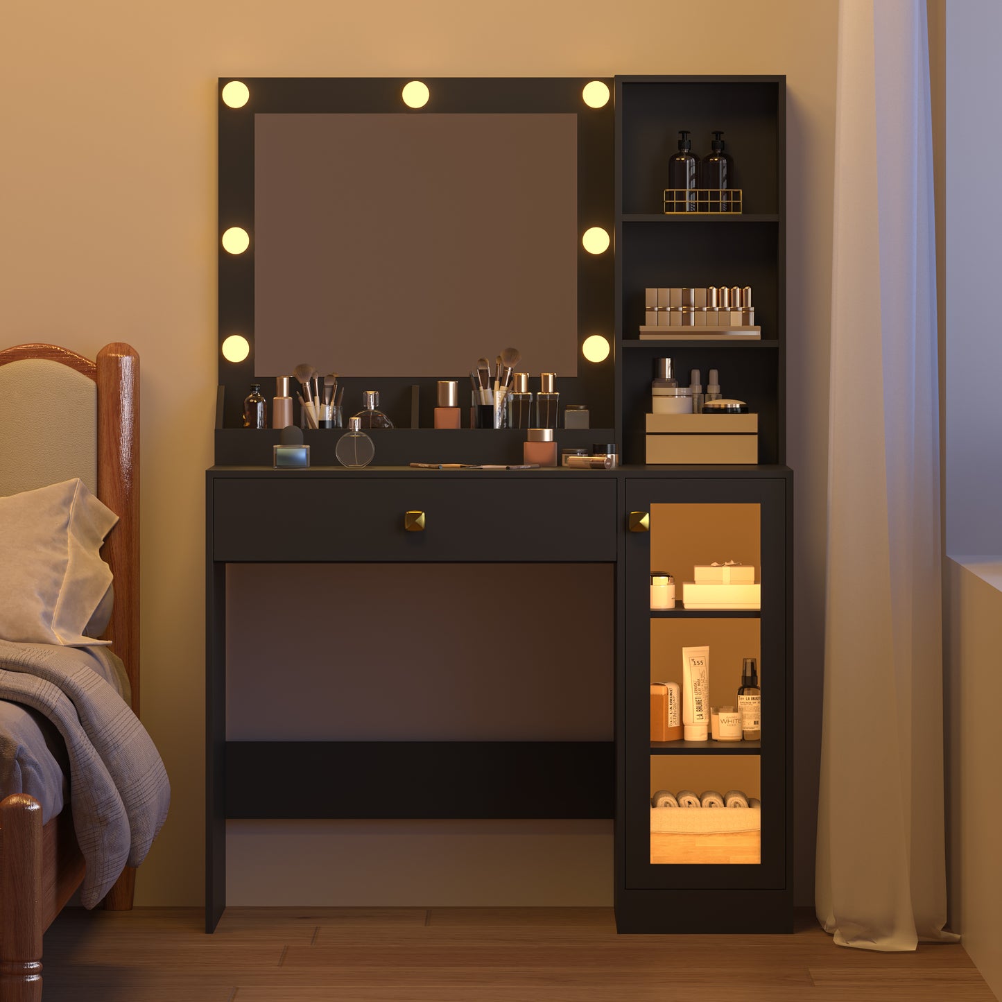 BORNOON Small Vanity Desk with Mirror and Lights, Makeup Vanity Desk with Adjustable Brightness 3 Light Modes, RGB Storage Cabinet, Power Outlet, Drawer, Shelves, Vanity Table for Women Girls Bedroom