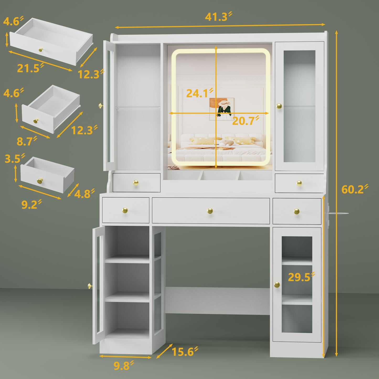 BORNOON Vanity Desk with Mirror and Lights, White Makeup Vanity with Glass Top & Drawers, 3 Lighting Modes, Power Outlet, RGB Glass Cabinets, Modern Dressing Table for Girls, Women, Teens