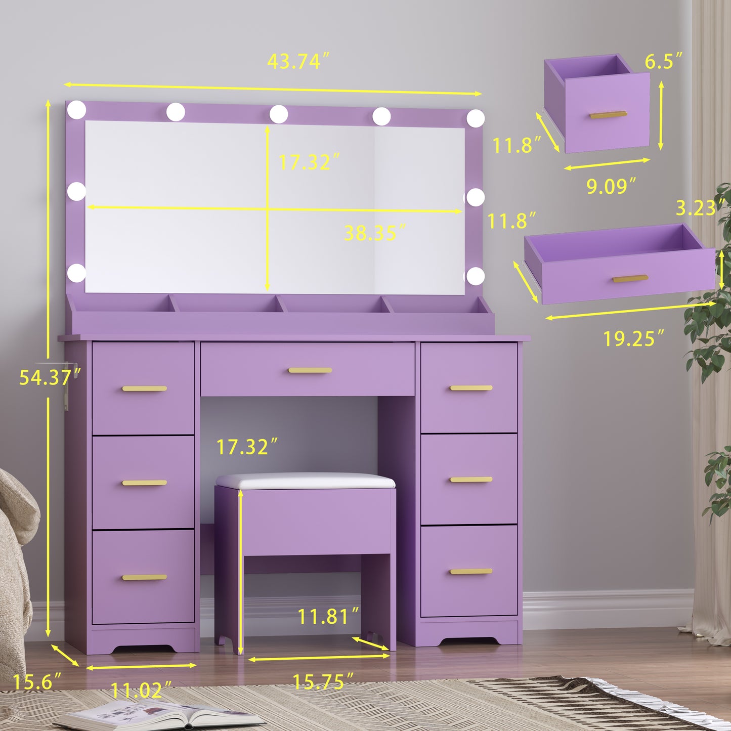 BORNOON Makeup Vanity with Large Lighted Mirror and Chair, 7 Drawers Vanity Makeup Desk Table with Power Strip, Adjustable Lighting, and Cushioned Storage Stool for Women, Girls
