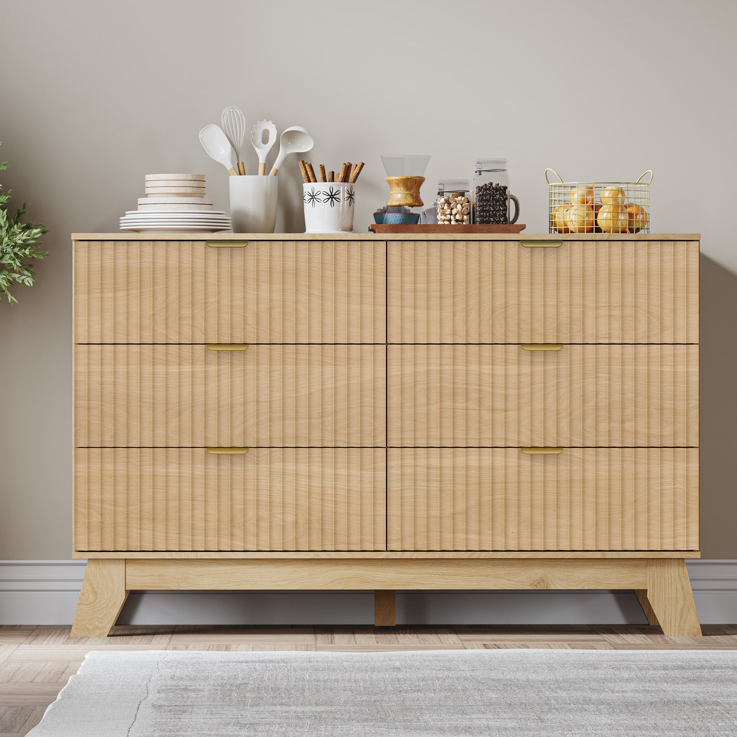 BORNOON Fluted 6 Drawer Dresser, 47.2" Wide Modern Boho Chest of Drawers, Wooden Storage Dresser TV Stand for Bedroom, Living Room, Closet, Hallway, Curved Profile Design
