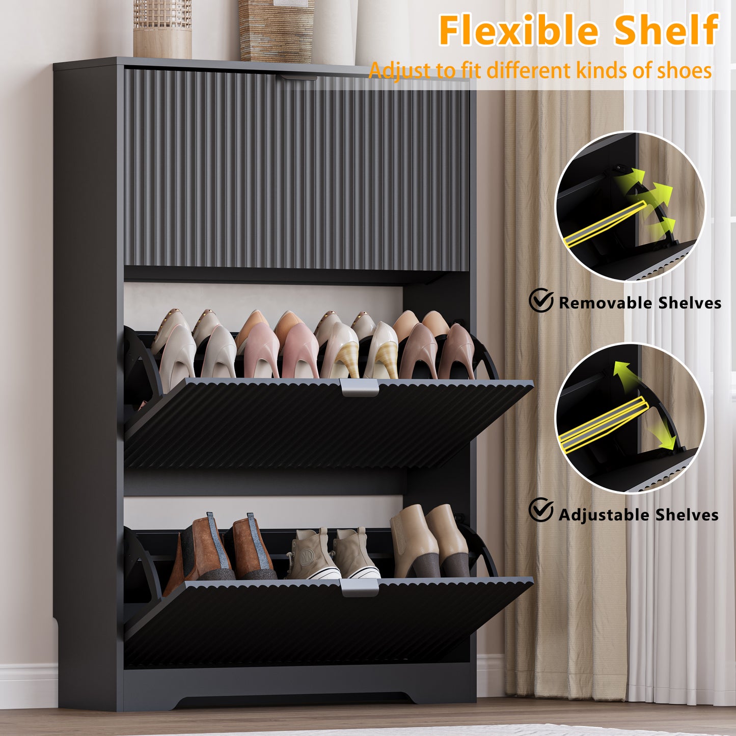 BORNOON Entryway Shoe Cabinet with 3 Flip Drawers, Narrow Shoe Organizer Cabinet with Fluted Panel and Adjustable Shelves for Foyer, Hallway