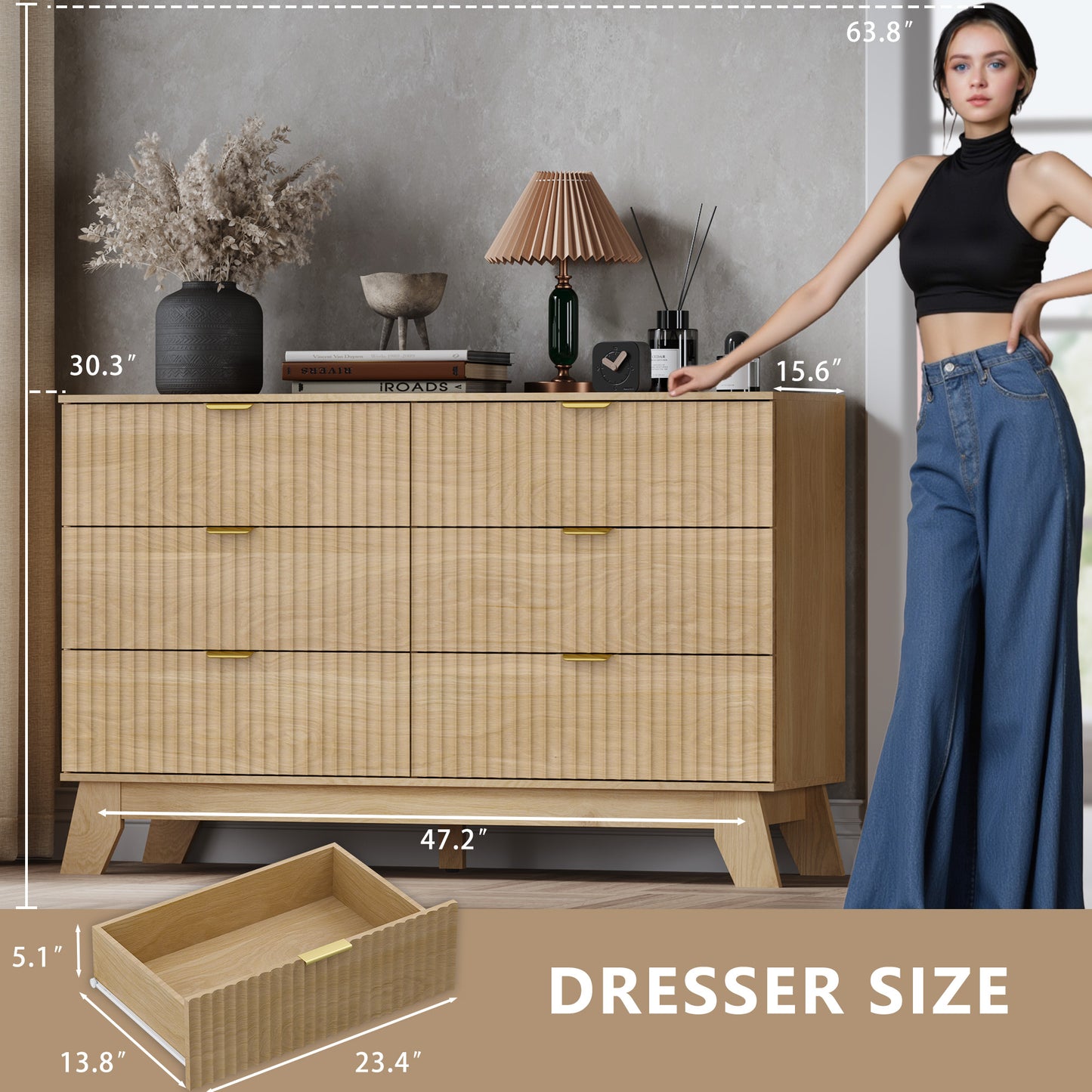 BORNOON Fluted 6 Drawer Dresser, 47.2" Wide Modern Boho Chest of Drawers, Wooden Storage Dresser TV Stand for Bedroom, Living Room, Closet, Hallway, Curved Profile Design