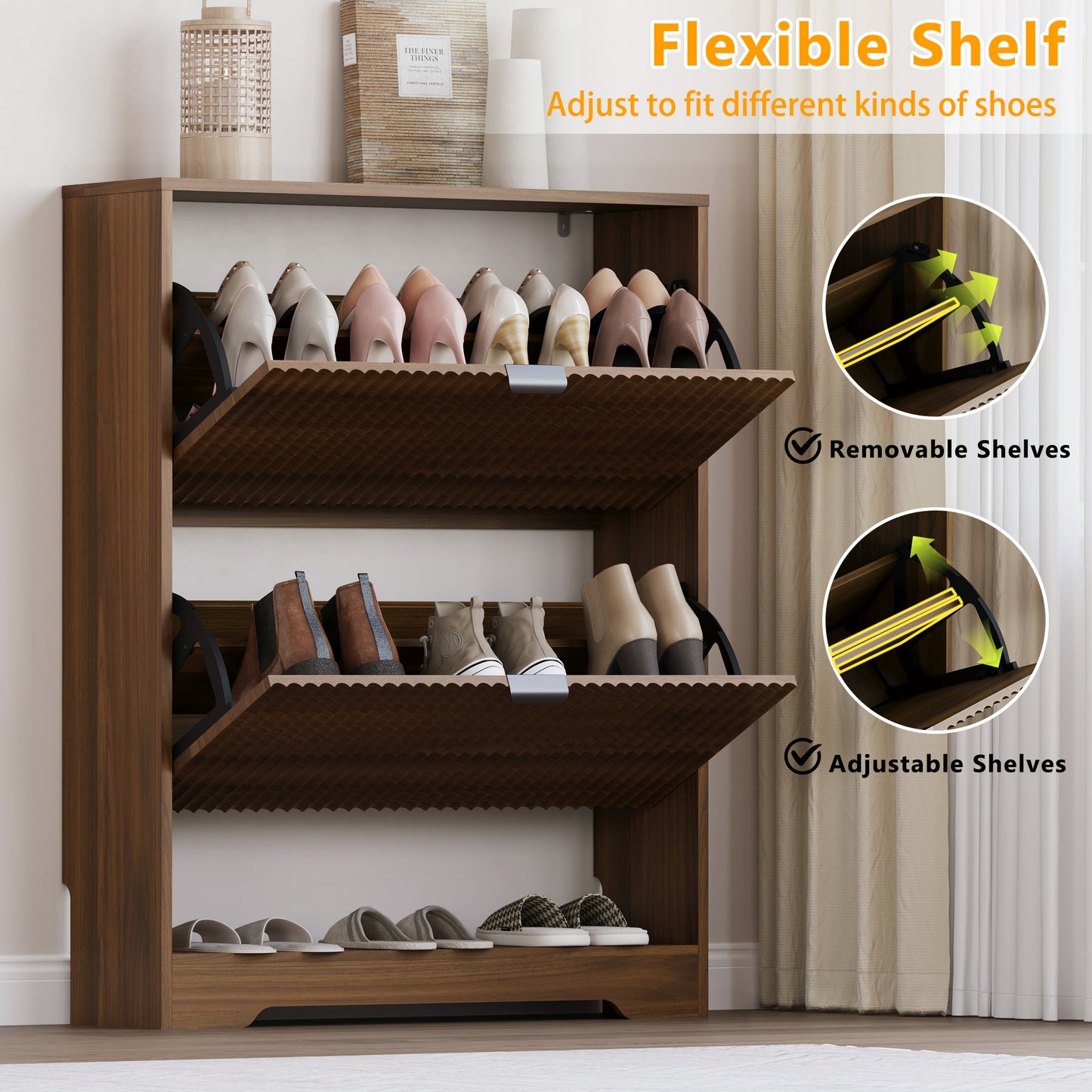 BORNOON Shoe Cabinet with 2 Flip Drawers, Fluted Shoe Storage Cabinet with Adjustable Shelves, Freestanding Rack and Organizer for Entryway, Hallway