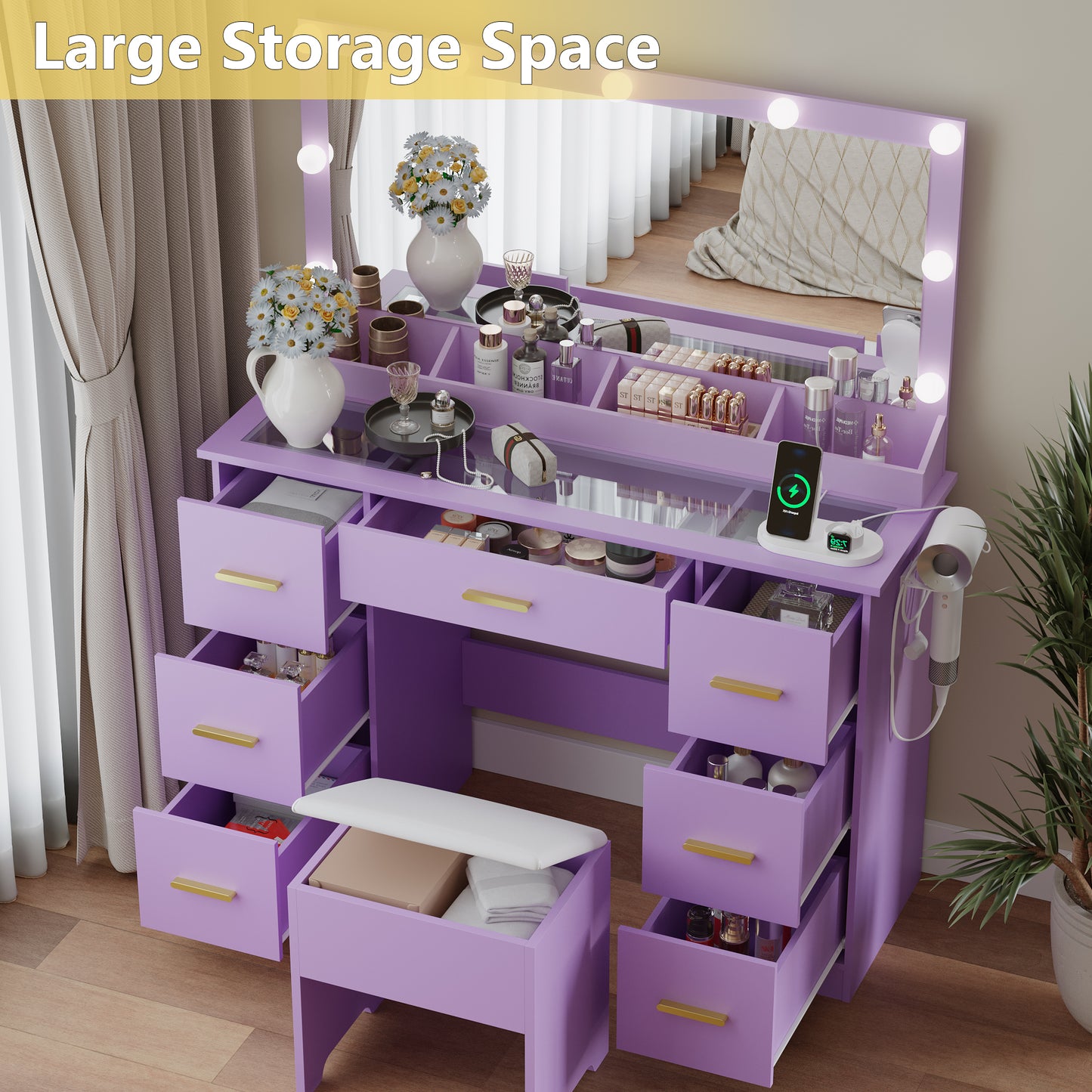 BORNOON Makeup Vanity with Large Lighted Mirror and Chair, 7 Drawers Vanity Makeup Desk Table with Power Strip, Adjustable Lighting, and Cushioned Storage Stool for Women, Girls