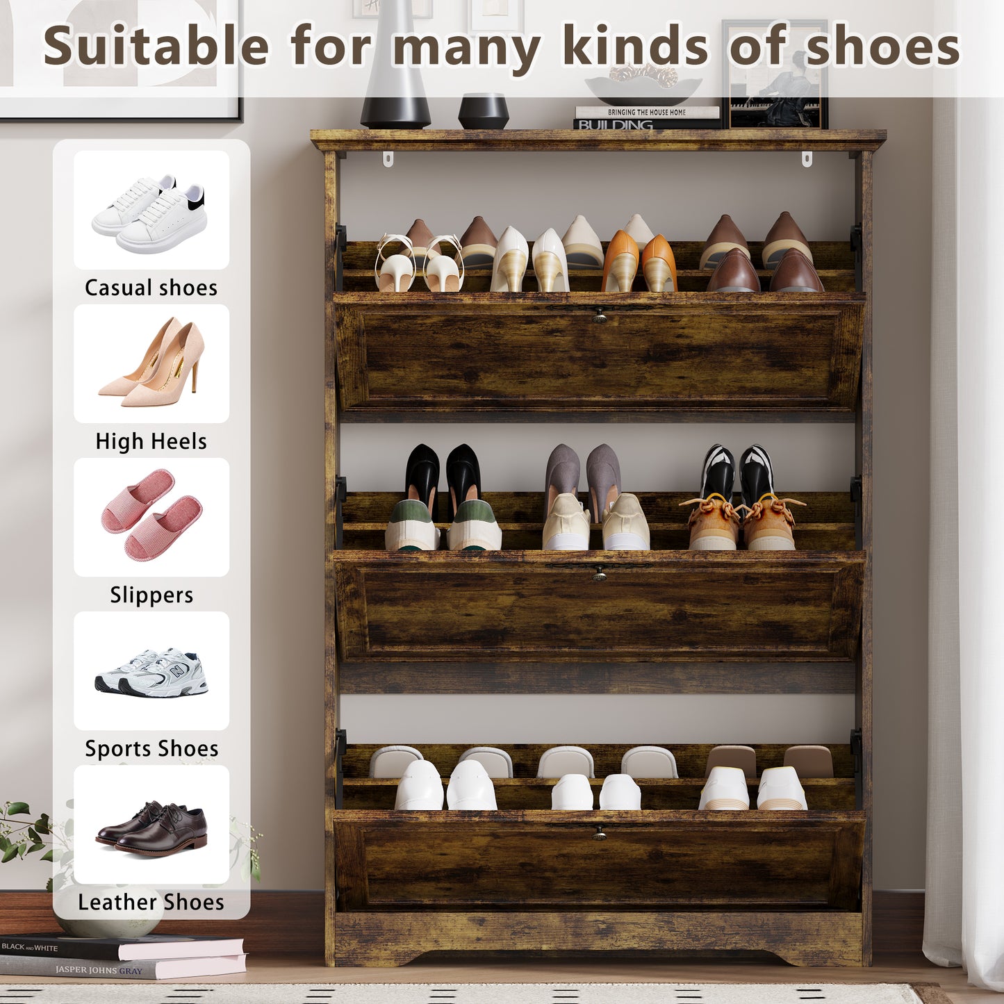 BORNOON Shoe Cabinet for Entryway, Slim Shoe Storage Cabinet with Adjustable Shelves, Wooden Rack and Organizer for Small Spaces, Closet, Foyer, Hallway