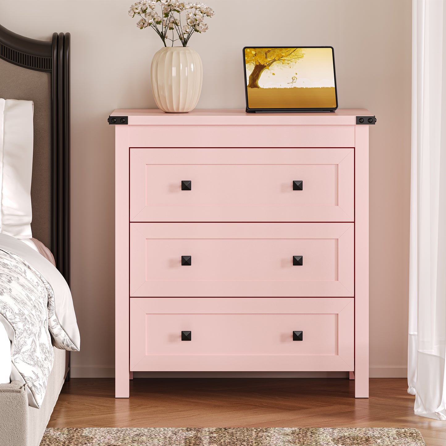 BORNOON 3-Drawer Night Stand, Modern Bedside Table Dresser with Metal Handles, Sturdy Wooden End Side Table Storage Cabinet with Anti-Tipping Design for Bedroom