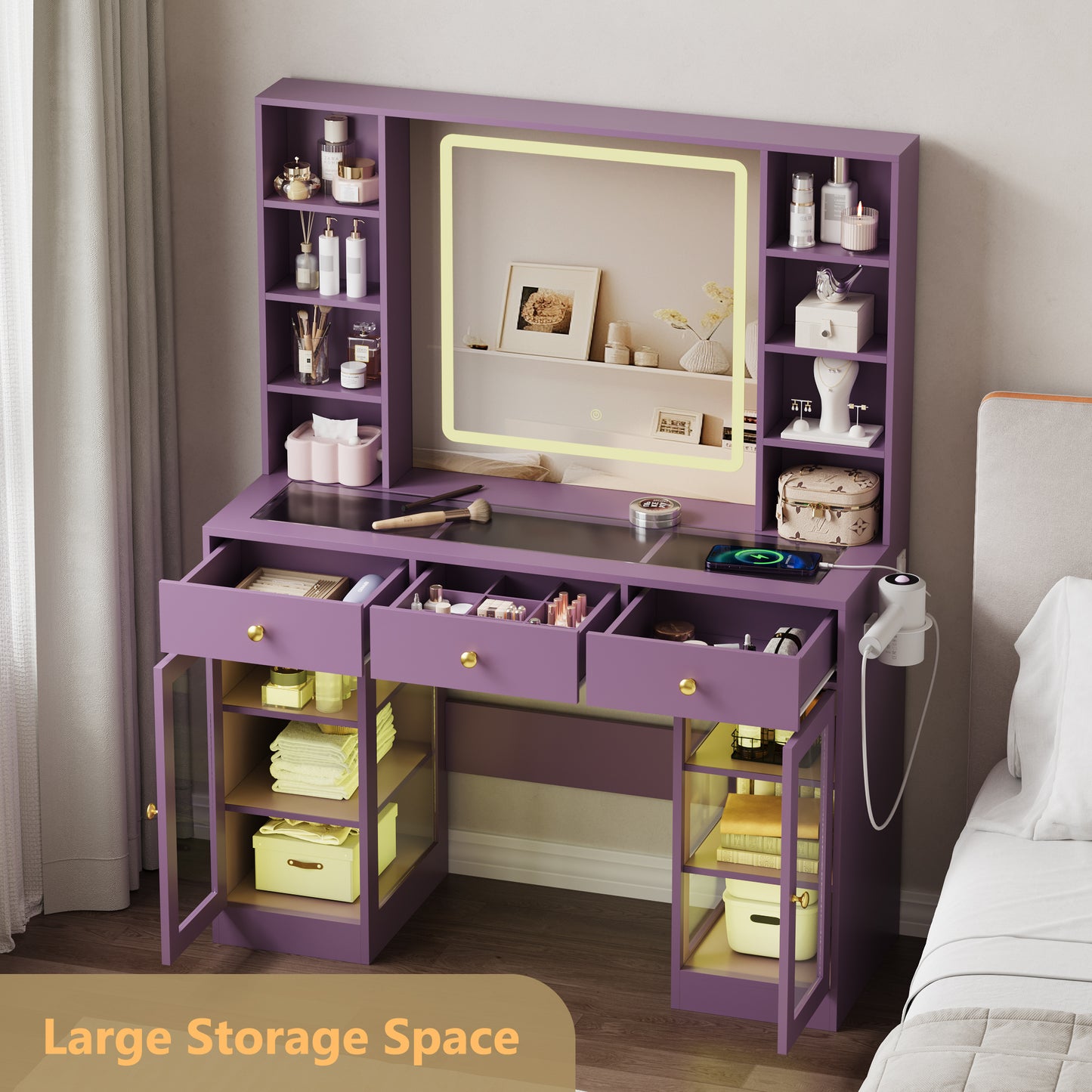 BORNOON Vanity Desk with Mirror and Lights, Purple Makeup Vanity with Glass Top & Drawers, 3 Lighting Modes, Power Outlet, RGB Glass Cabinets, Modern Dressing Table for Girls, Women, Teens