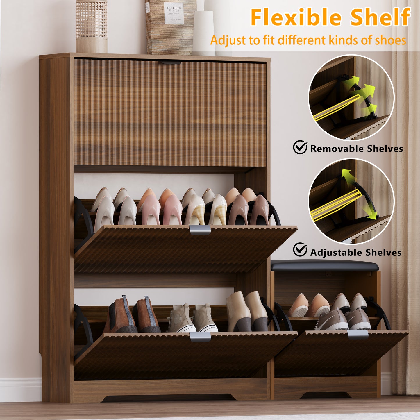 BORNOON Slim Shoe Cabinet with Bench for Entryway, Hidden Storage and Adjustable Shelves, Free Standing Wooden Shoes Organizer for Hallway, Foyer