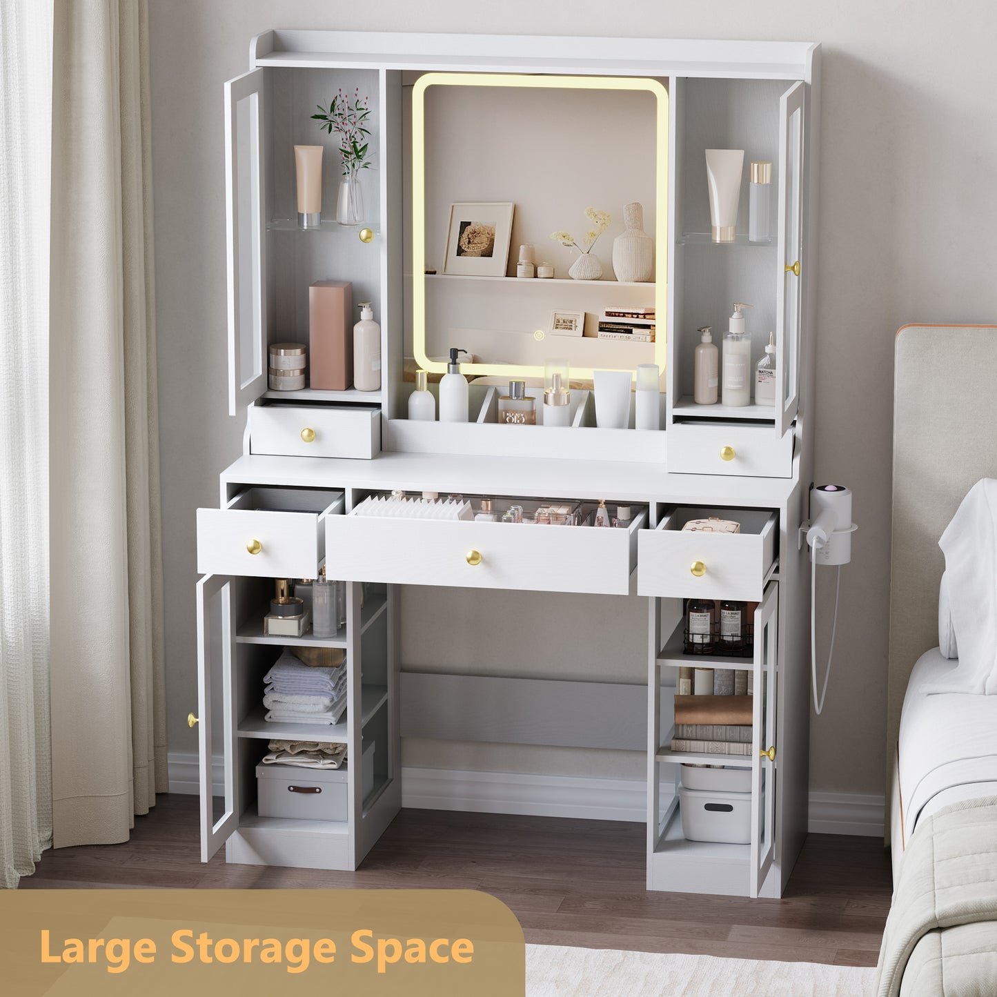 BORNOON Vanity Desk with Mirror and Lights, White Makeup Vanity with Glass Top & Drawers, 3 Lighting Modes, Power Outlet, RGB Glass Cabinets, Modern Dressing Table for Girls, Women, Teens