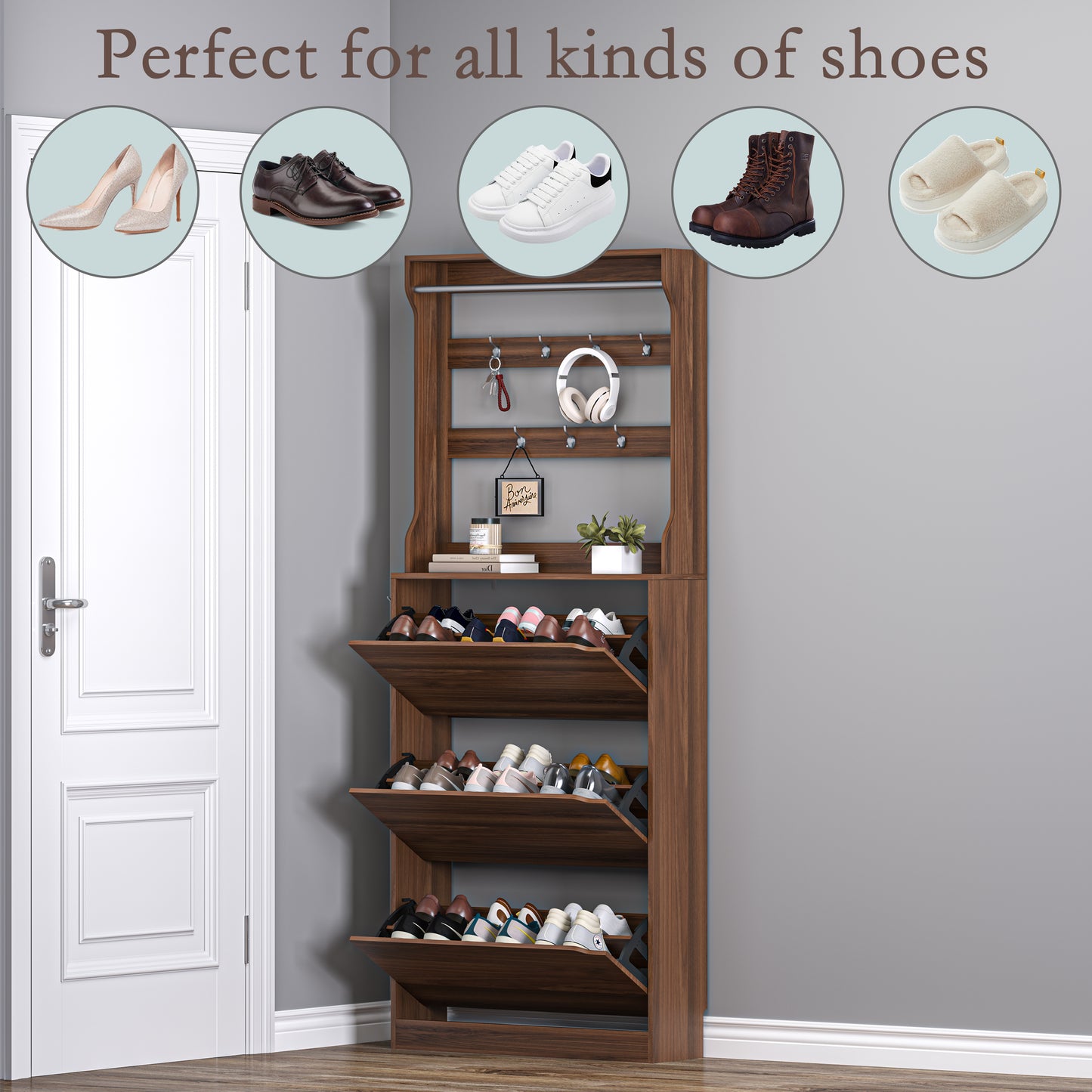 BORNOON Shoe Cabinet with 3 Flip Drawers & Coat Rack, Narrow Hidden Shoe Storage Cabinet, 2-in-1 Hall Tree Slim Freestanding Shoe Rack Organizer for Entryway, Hallway, and Living Room