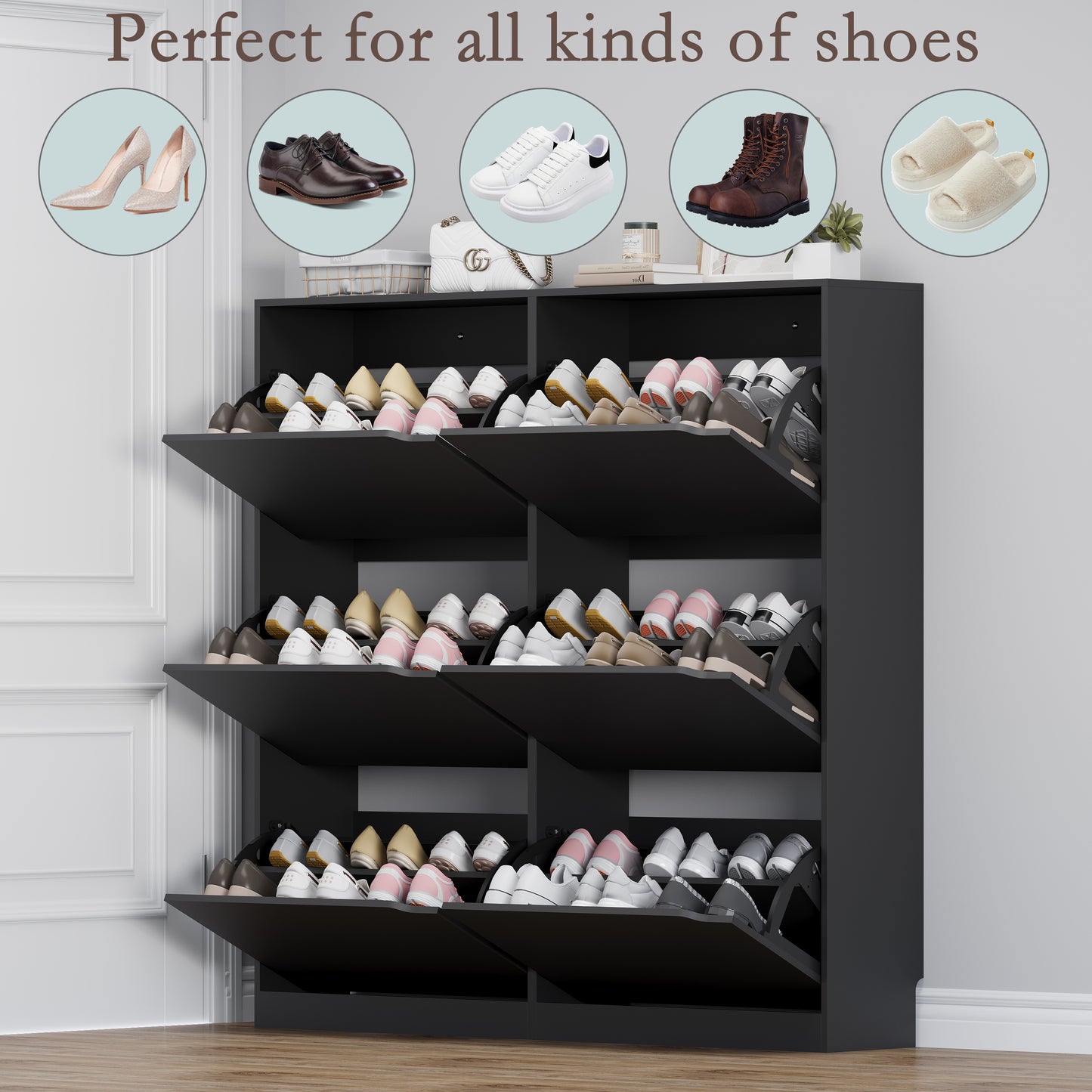 BORNOON Shoe Cabinet with 6 Flip Drawers, Slim Narrow Shoe Storage Cabinet, Freestanding Shoe Organizer for Entryway, Hallway, Foyer