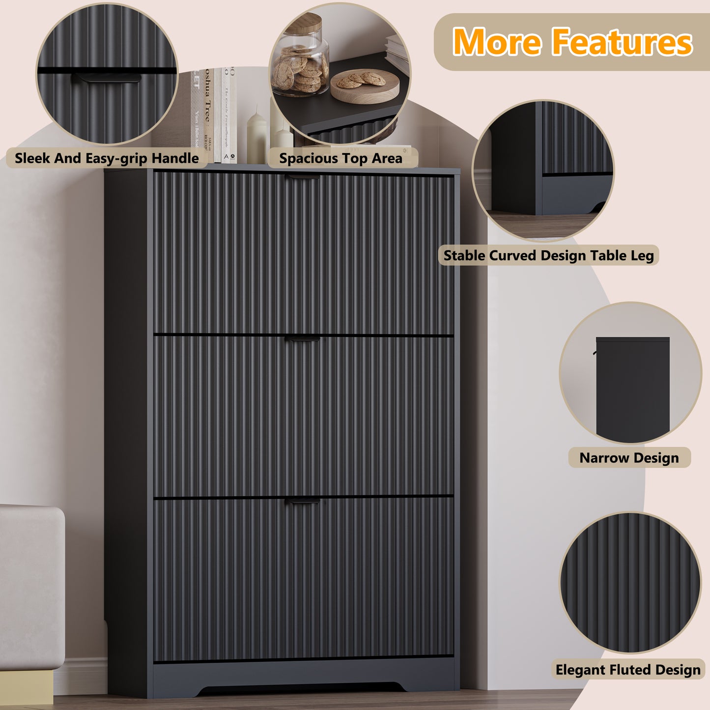 BORNOON Entryway Shoe Cabinet with 3 Flip Drawers, Narrow Shoe Organizer Cabinet with Fluted Panel and Adjustable Shelves for Foyer, Hallway